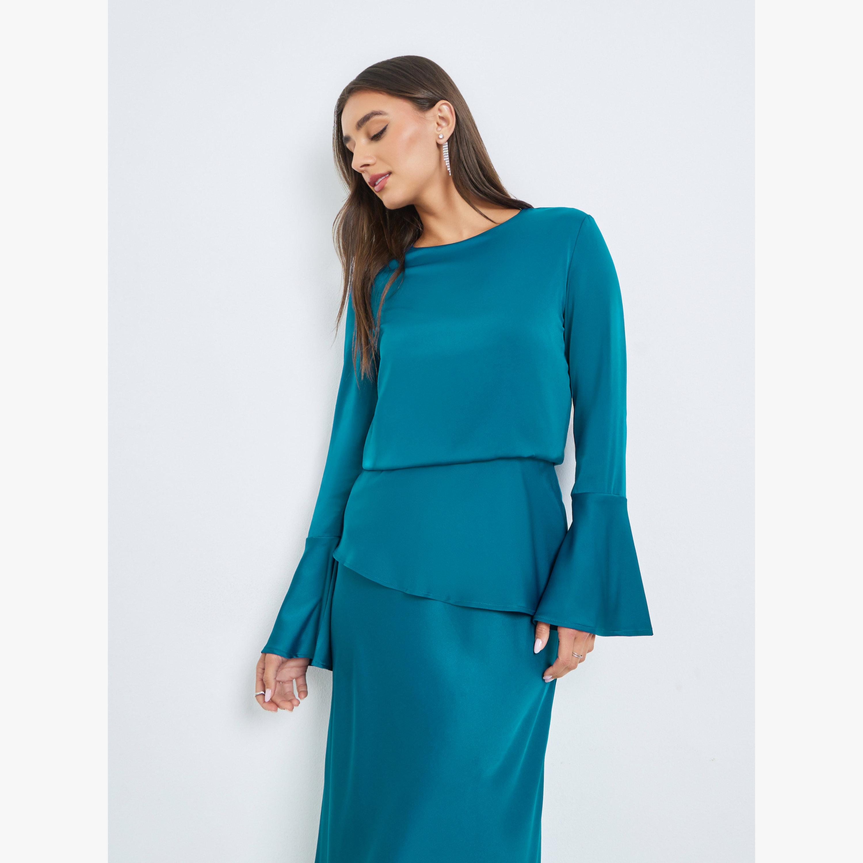 Styli Blue Satin Bell Sleeves Maxi Dress-women-clothing-dresses-image-3