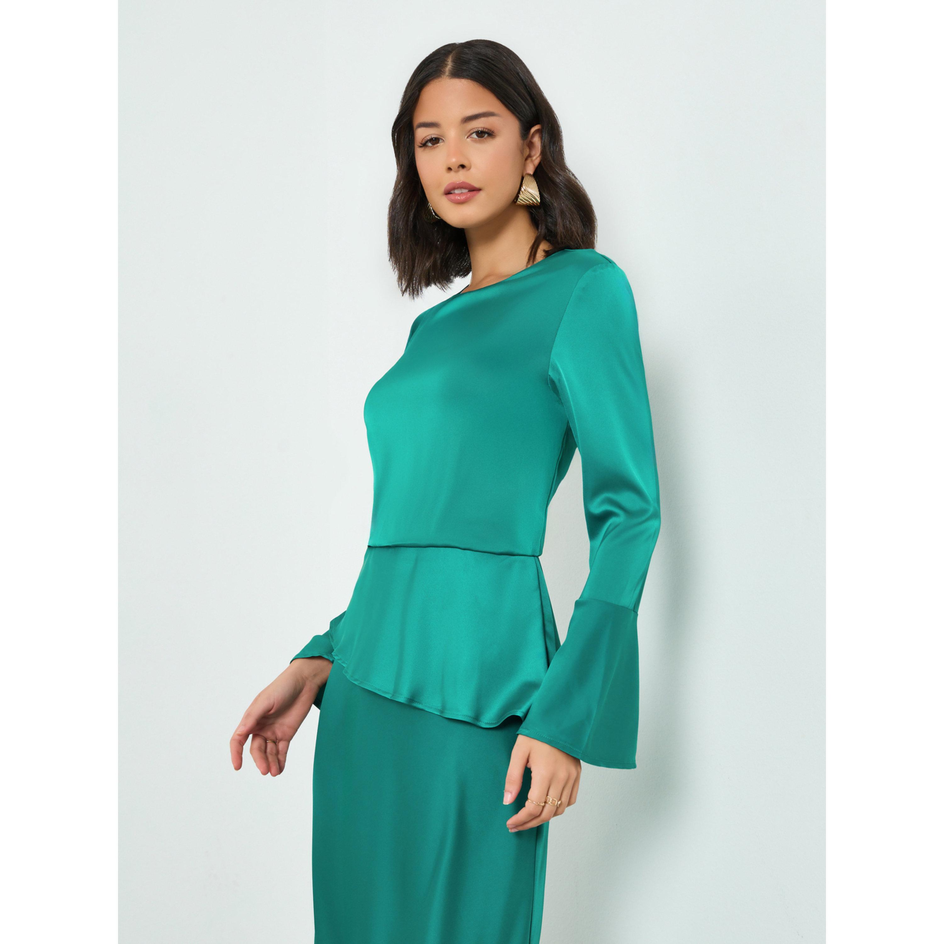 Styli Green Satin Bell Sleeves Maxi Dress-women-clothing-dresses-image-2