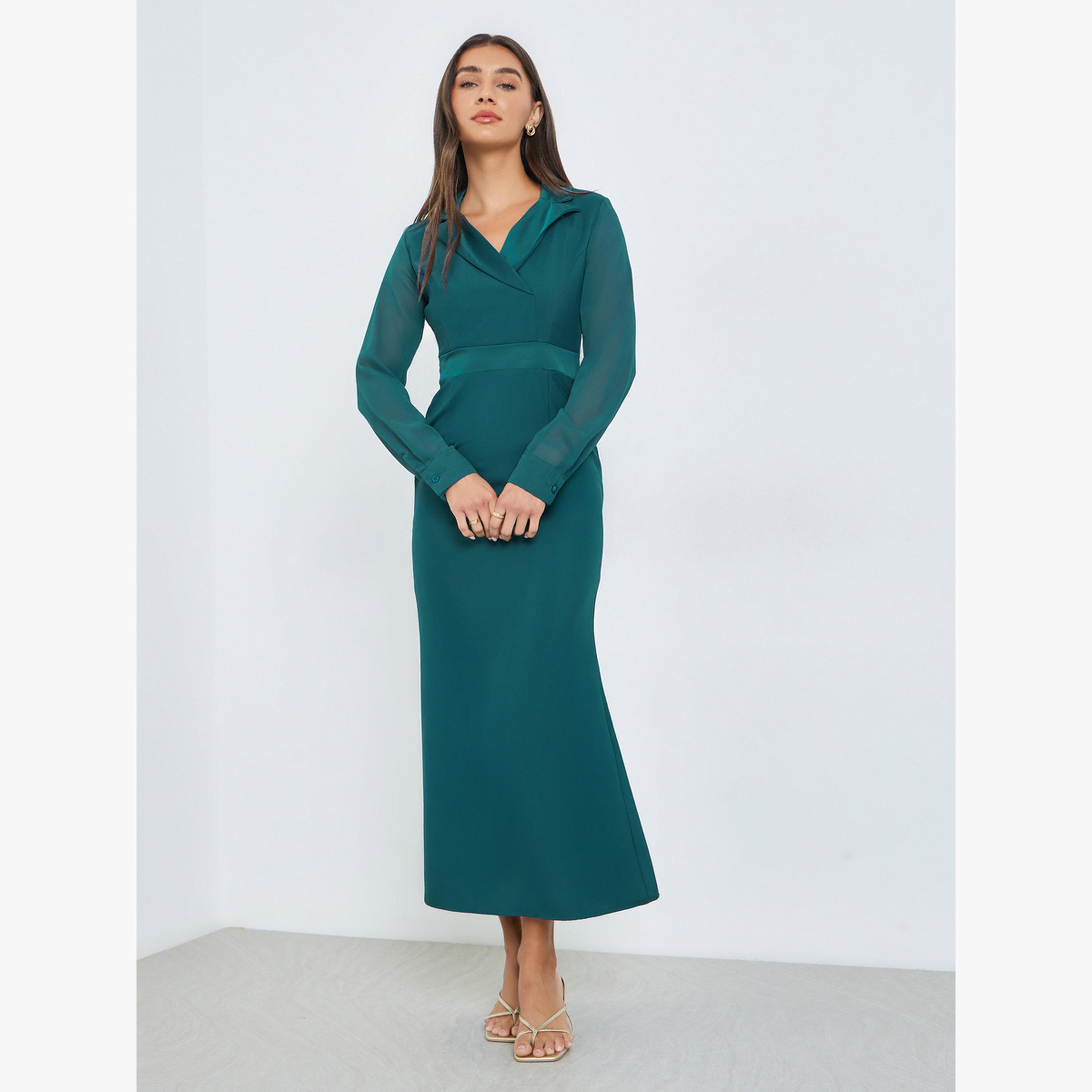 Styli Teal Plain Long Sleeves Blazer Maxi Dress-women-clothing-dresses-image-1