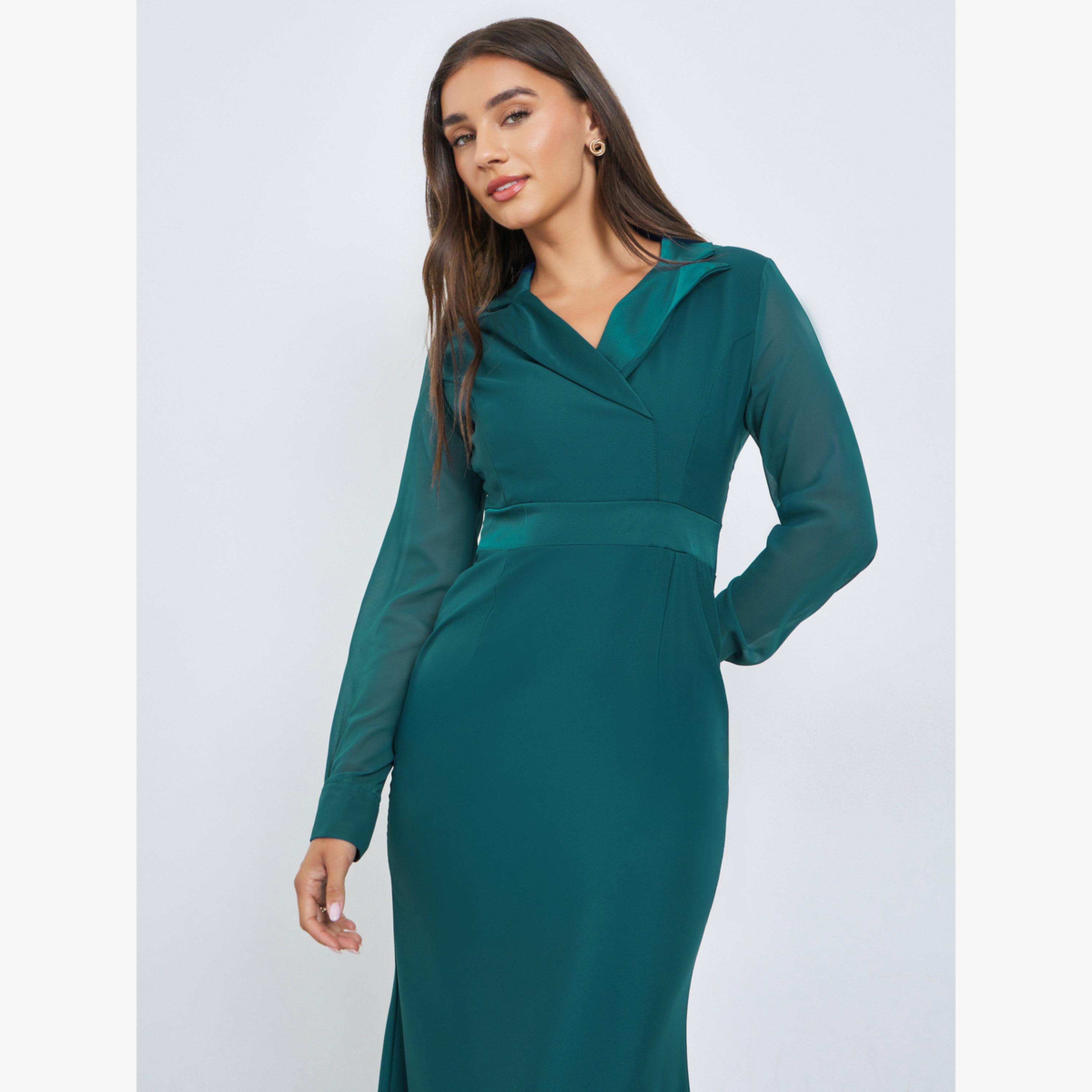 Styli Teal Plain Long Sleeves Blazer Maxi Dress-women-clothing-dresses-image-2