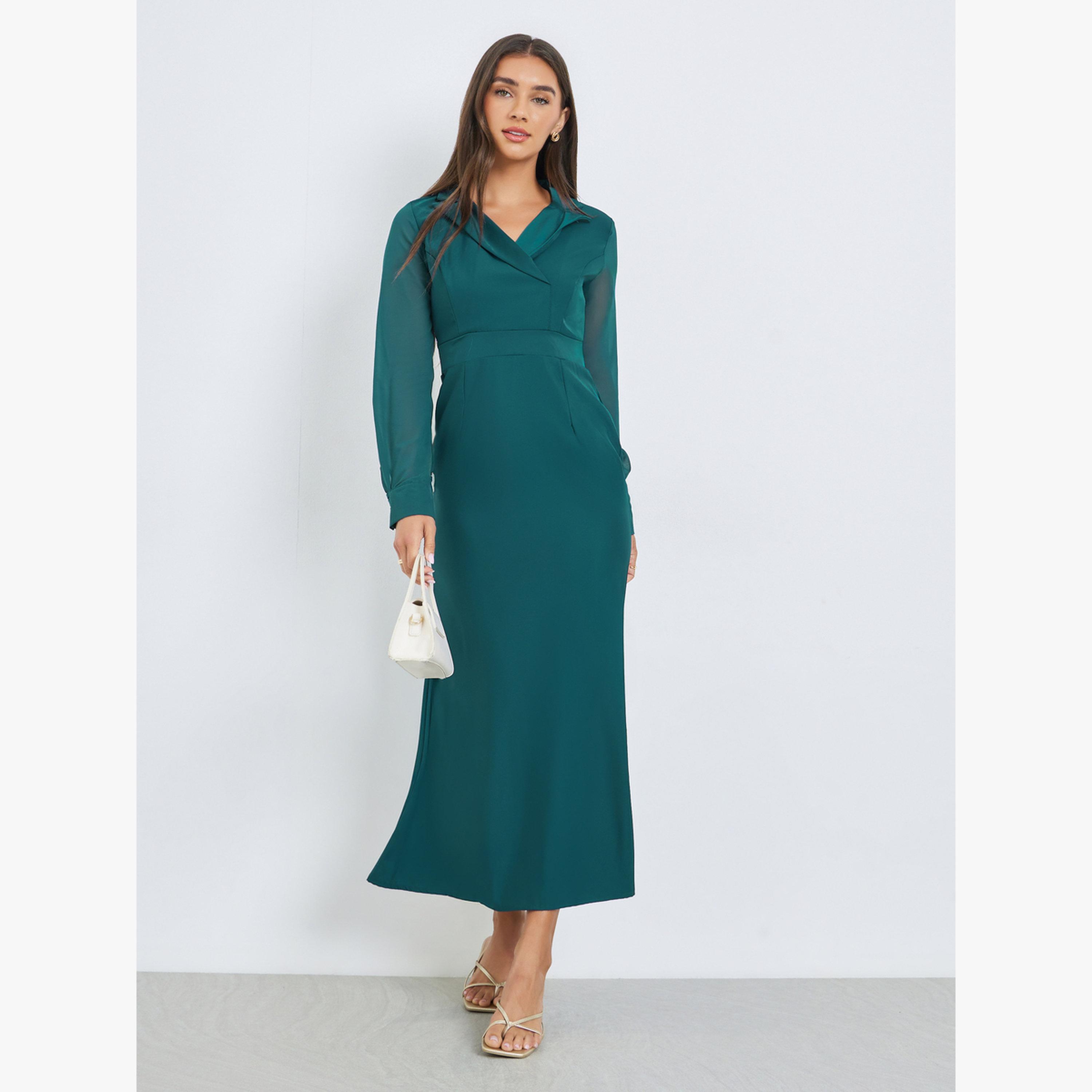 Styli Teal Plain Long Sleeves Blazer Maxi Dress-women-clothing-dresses-image-3