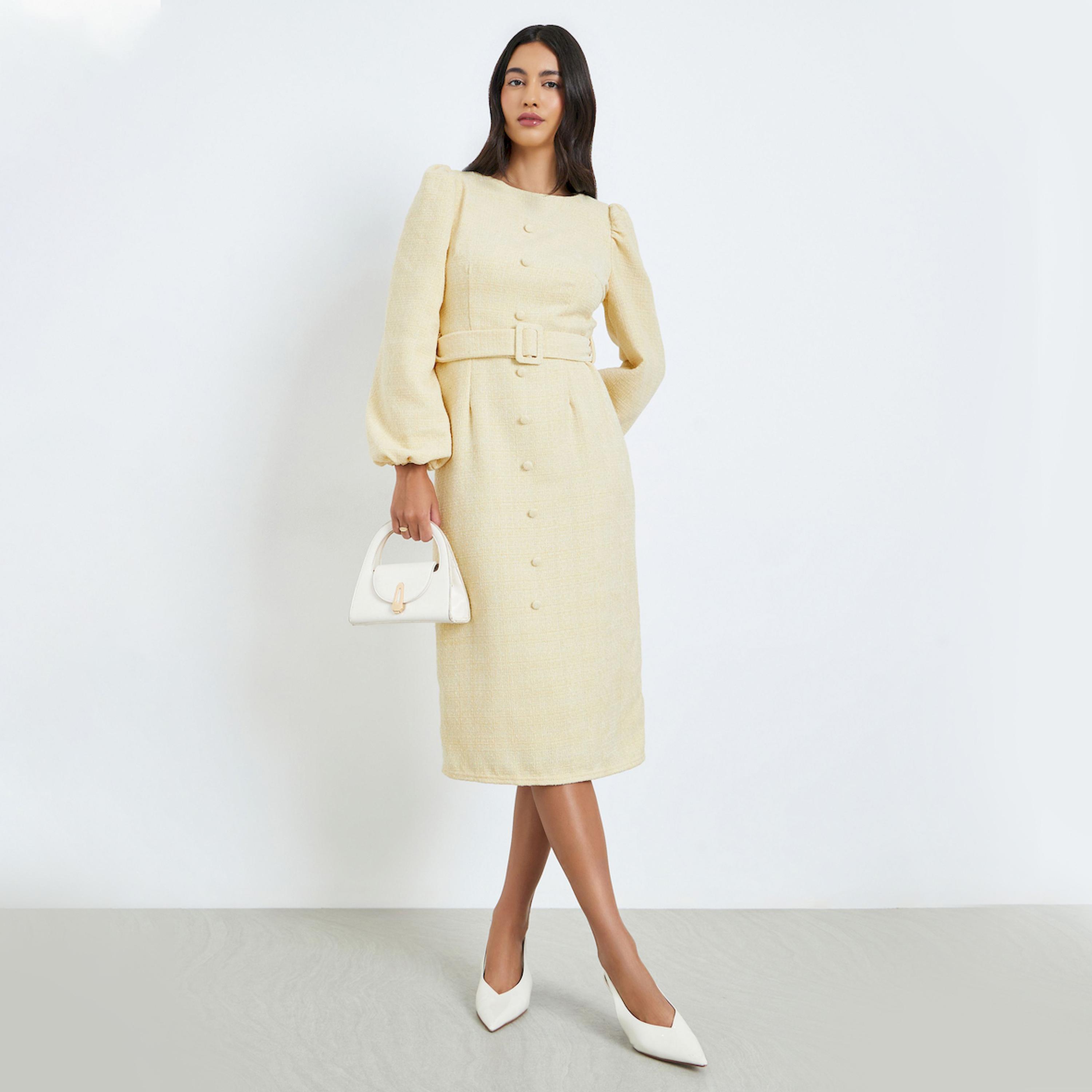 فستان ميدي ضيق بأكمام منفوخة-women-clothing-dresses-image-1