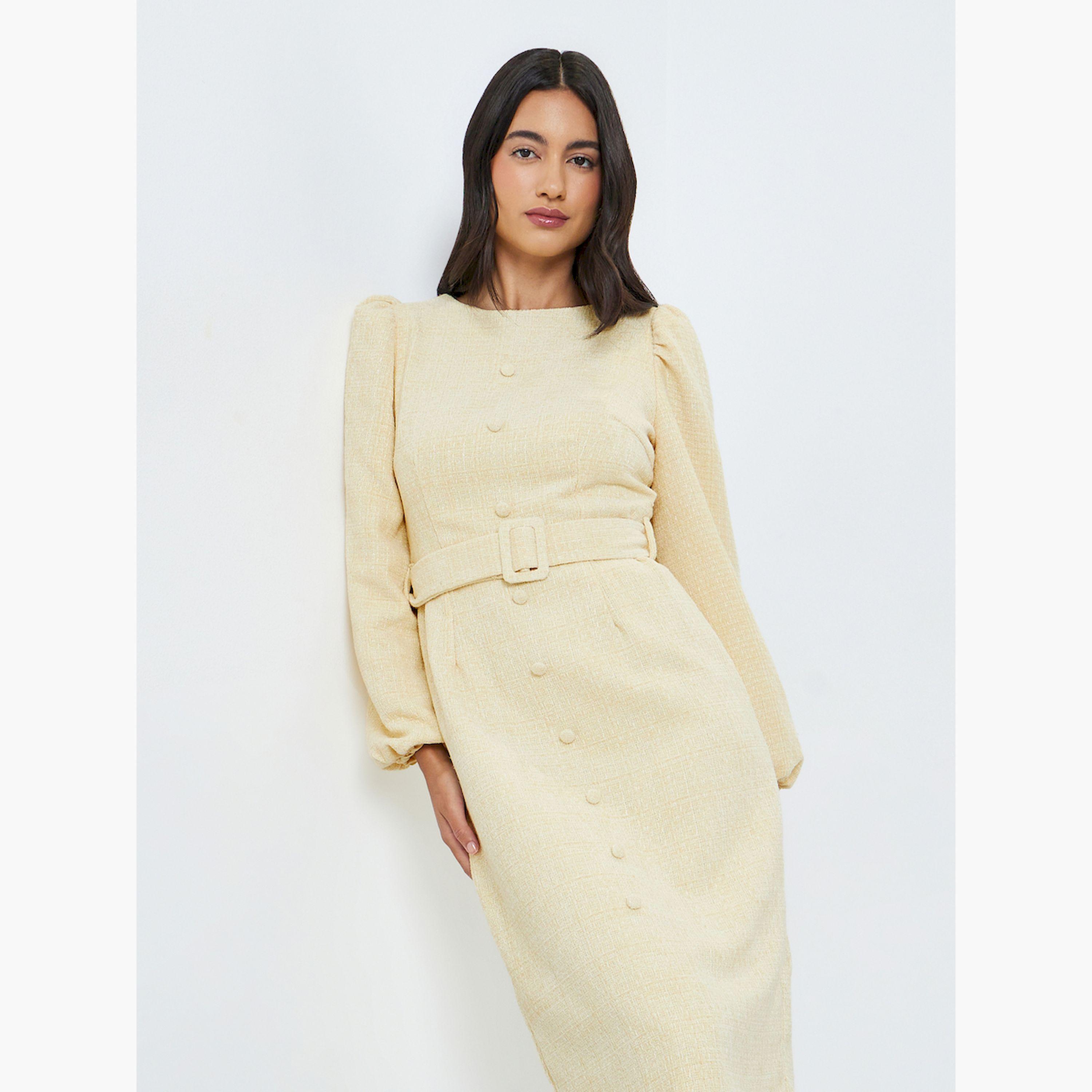 Styli Beige Balloon Sleeve Sheath Midi Dress-women-clothing-dresses-image-2