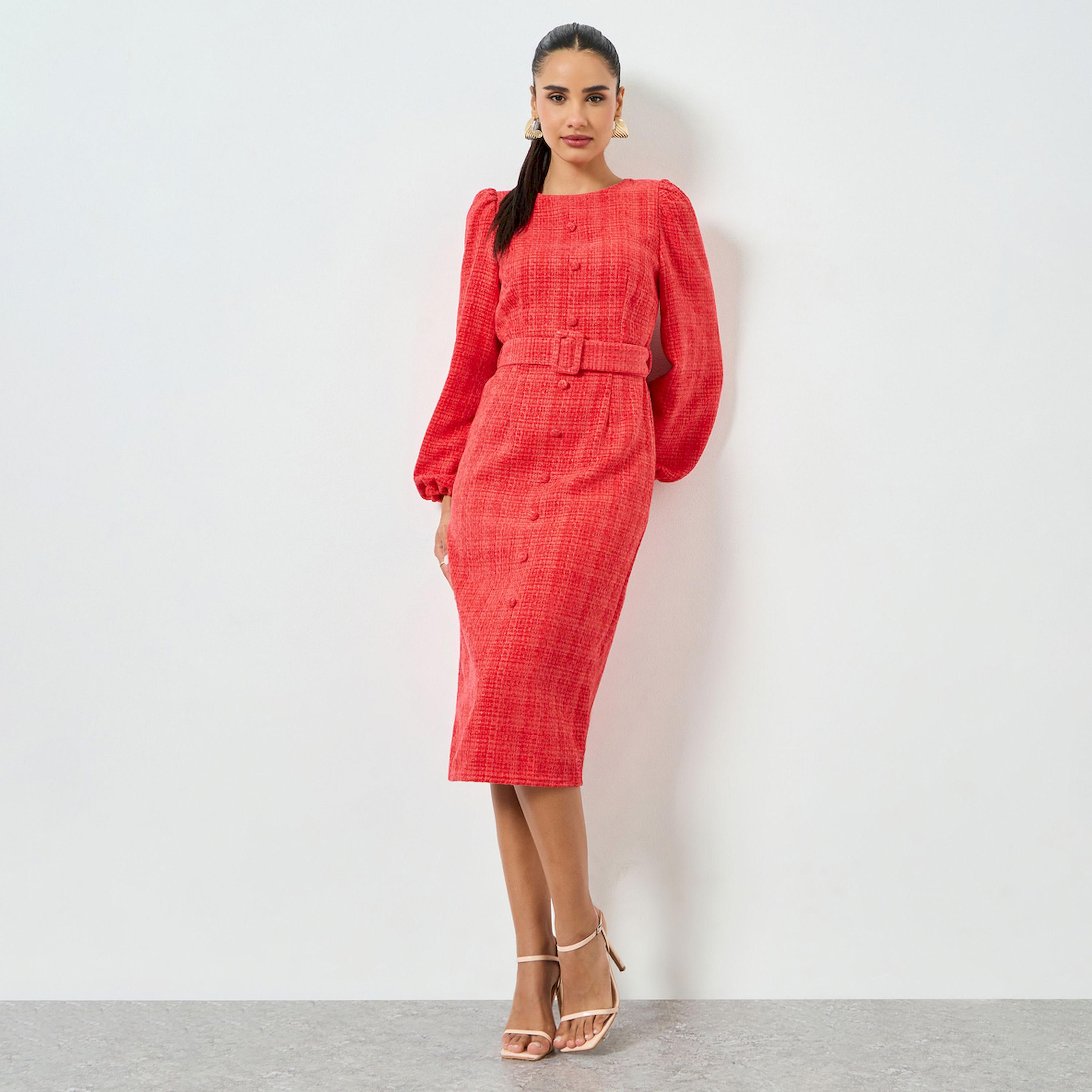 Styli Red Tweed Balloon Sleeve Sheath Midi Dress-women-clothing-dresses-image-1