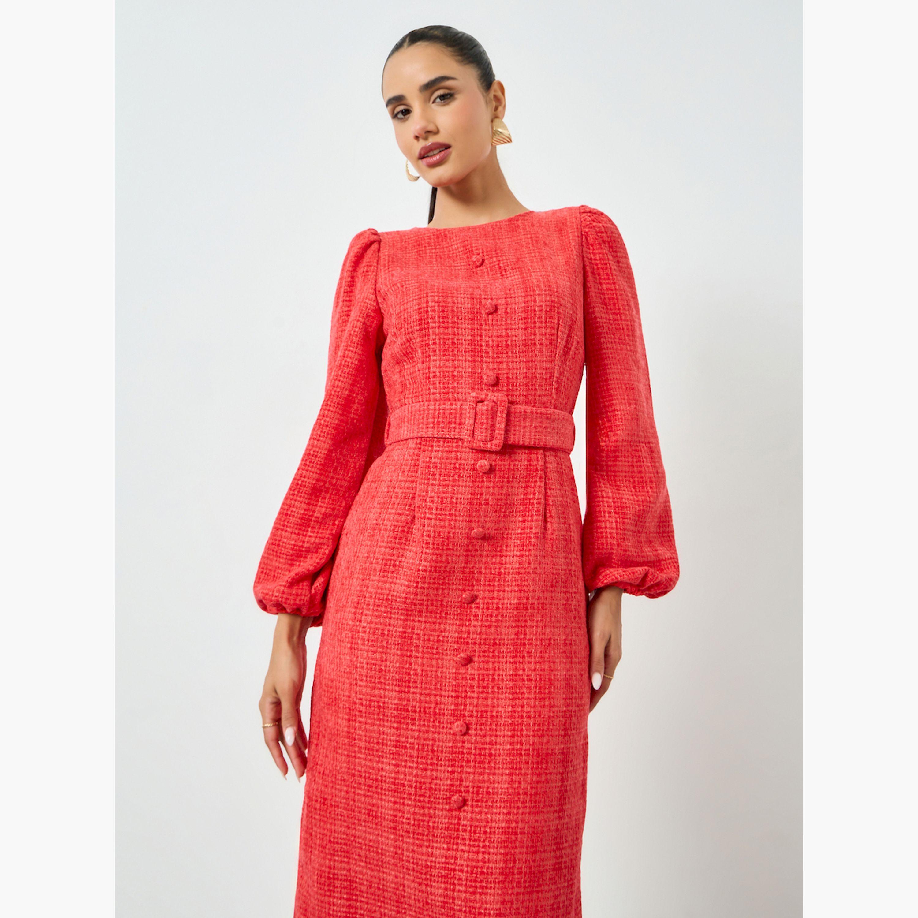 Styli Red Tweed Balloon Sleeve Sheath Midi Dress-women-clothing-dresses-image-2