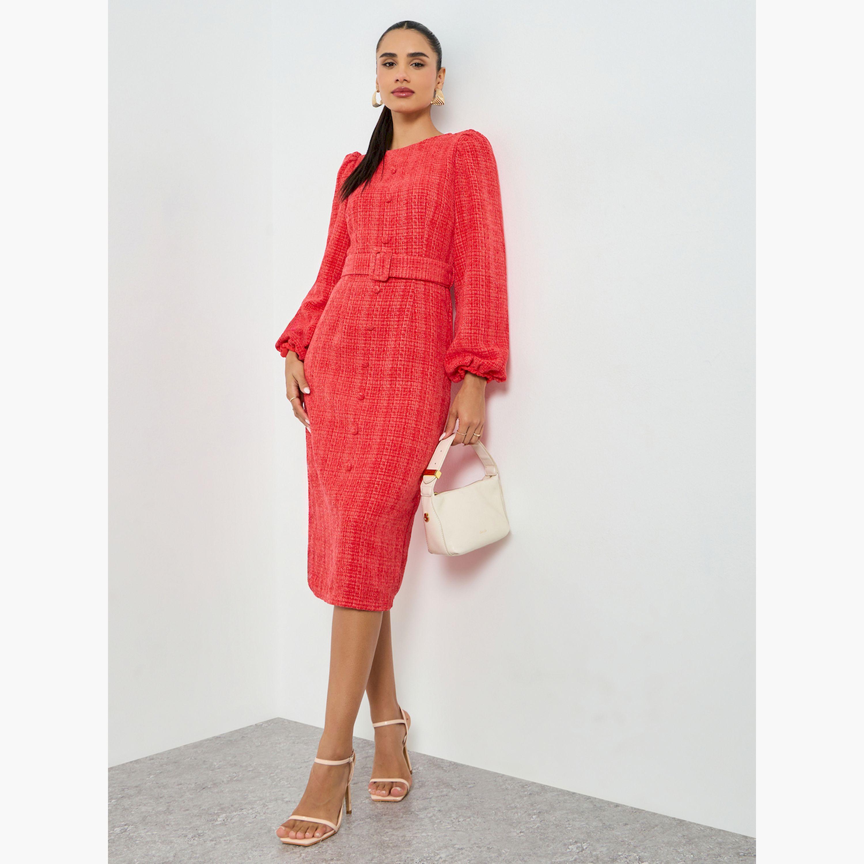فستان ميدي أحمر من التويد بأكمام بالون-women-clothing-dresses-image-3