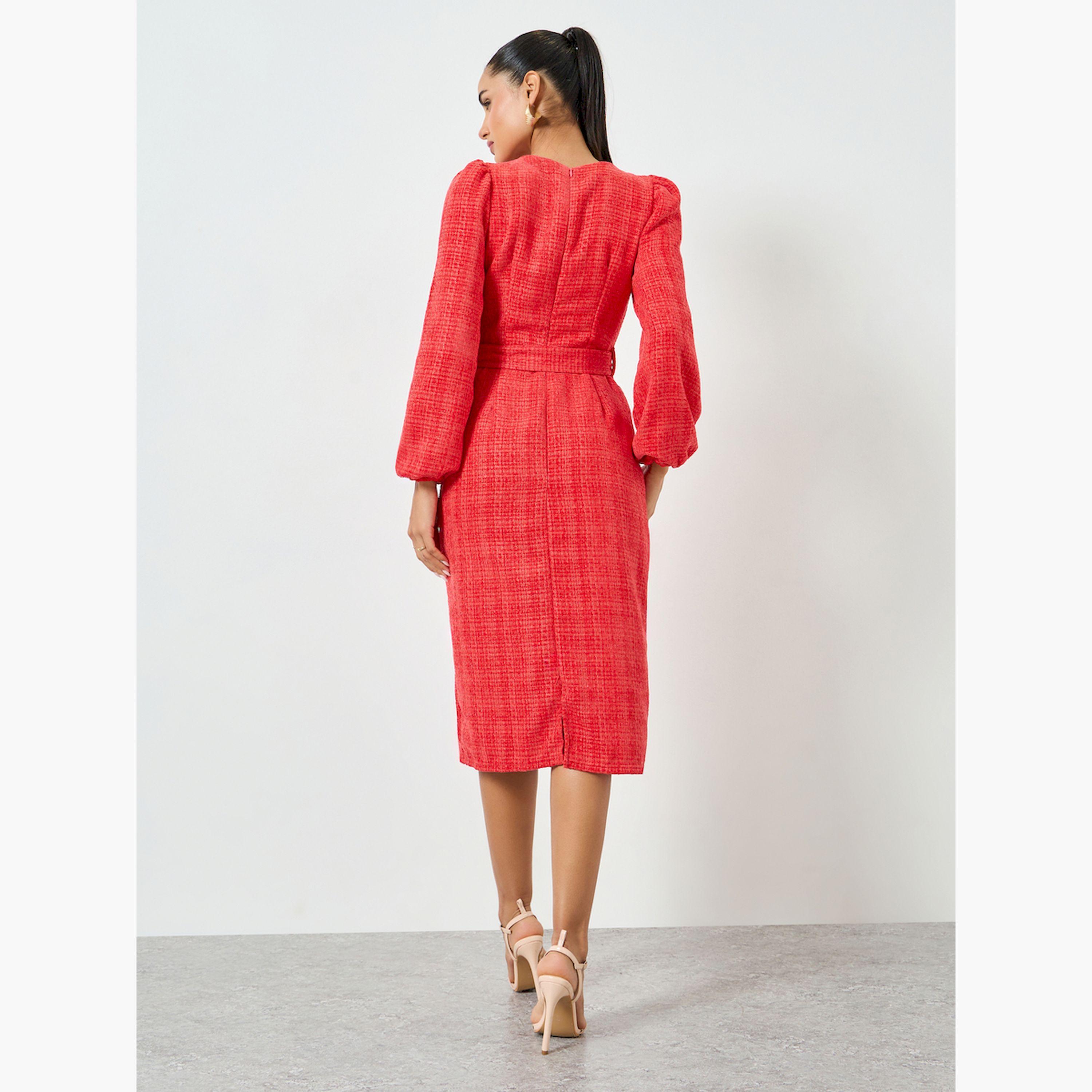 فستان ميدي أحمر من التويد بأكمام بالون-women-clothing-dresses-image-4