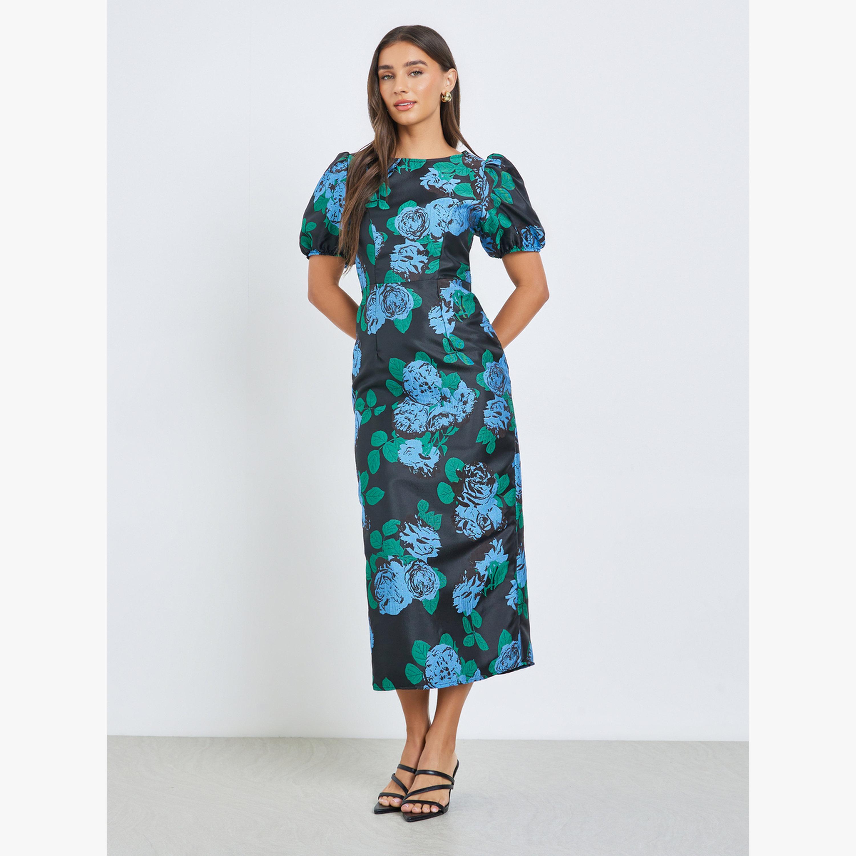 فستان ميدي جاكار بأكمام منفوخة-women-clothing-dresses-image-1