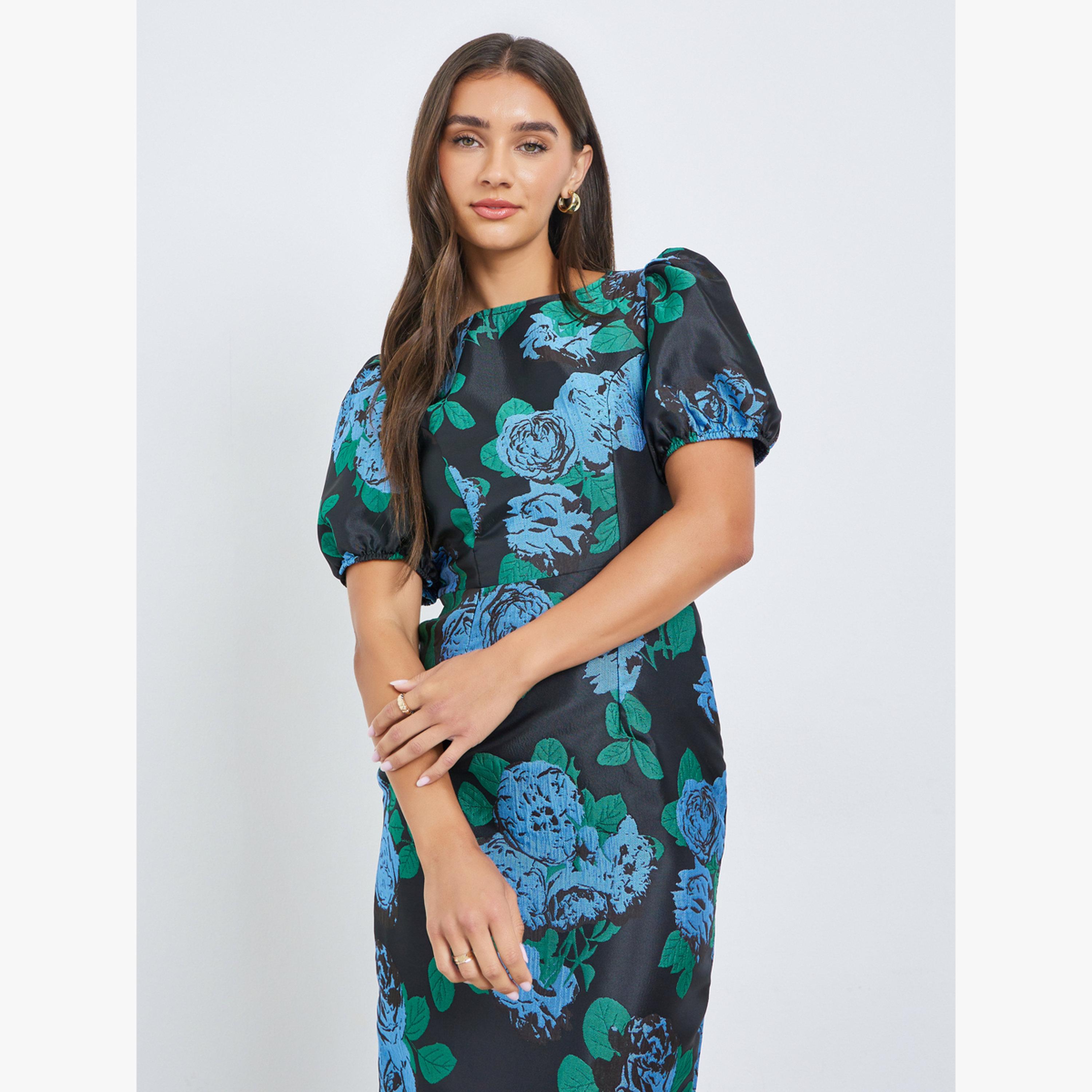 فستان ميدي جاكار بأكمام منفوخة-women-clothing-dresses-image-2