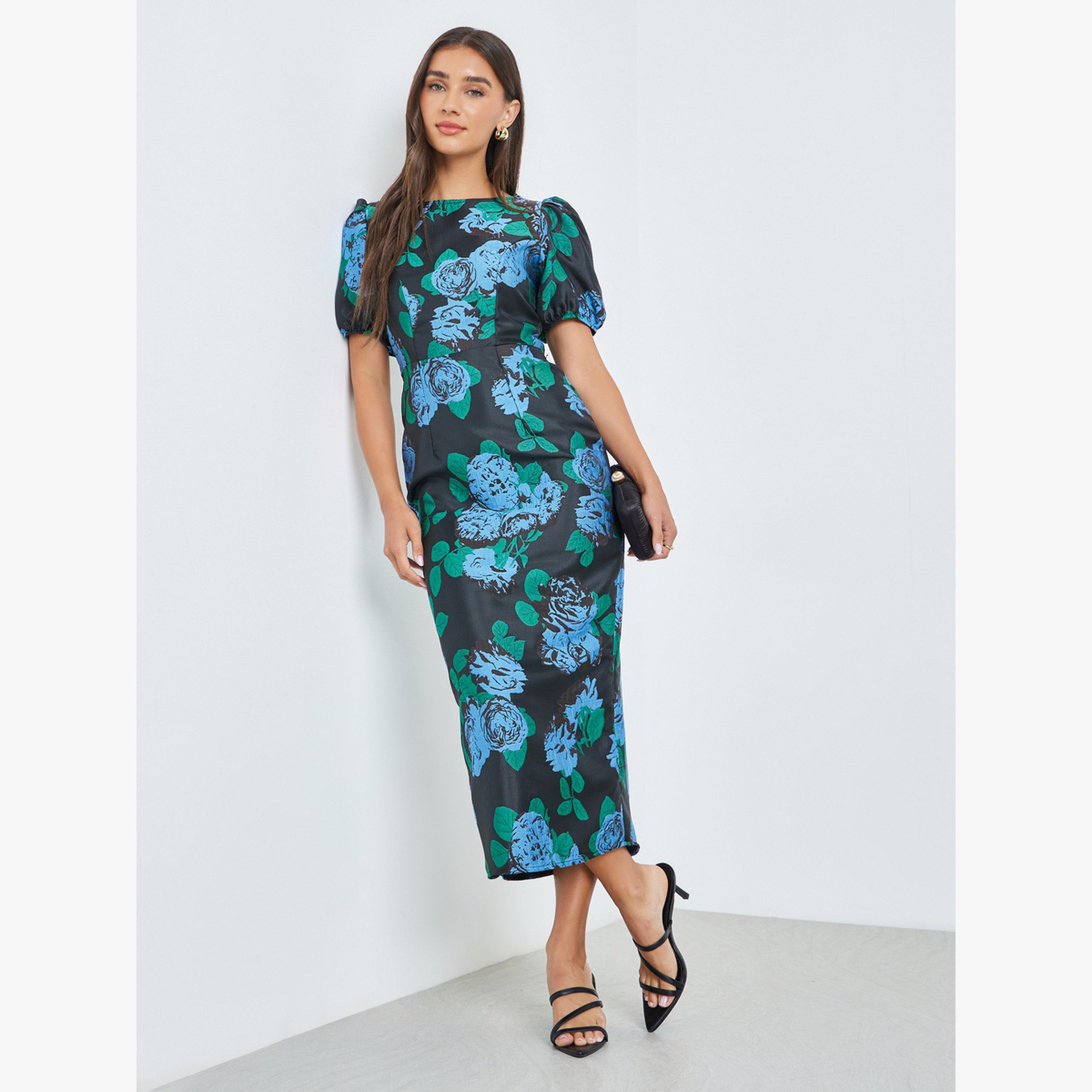 فستان ميدي جاكار بأكمام منفوخة-women-clothing-dresses-image-3