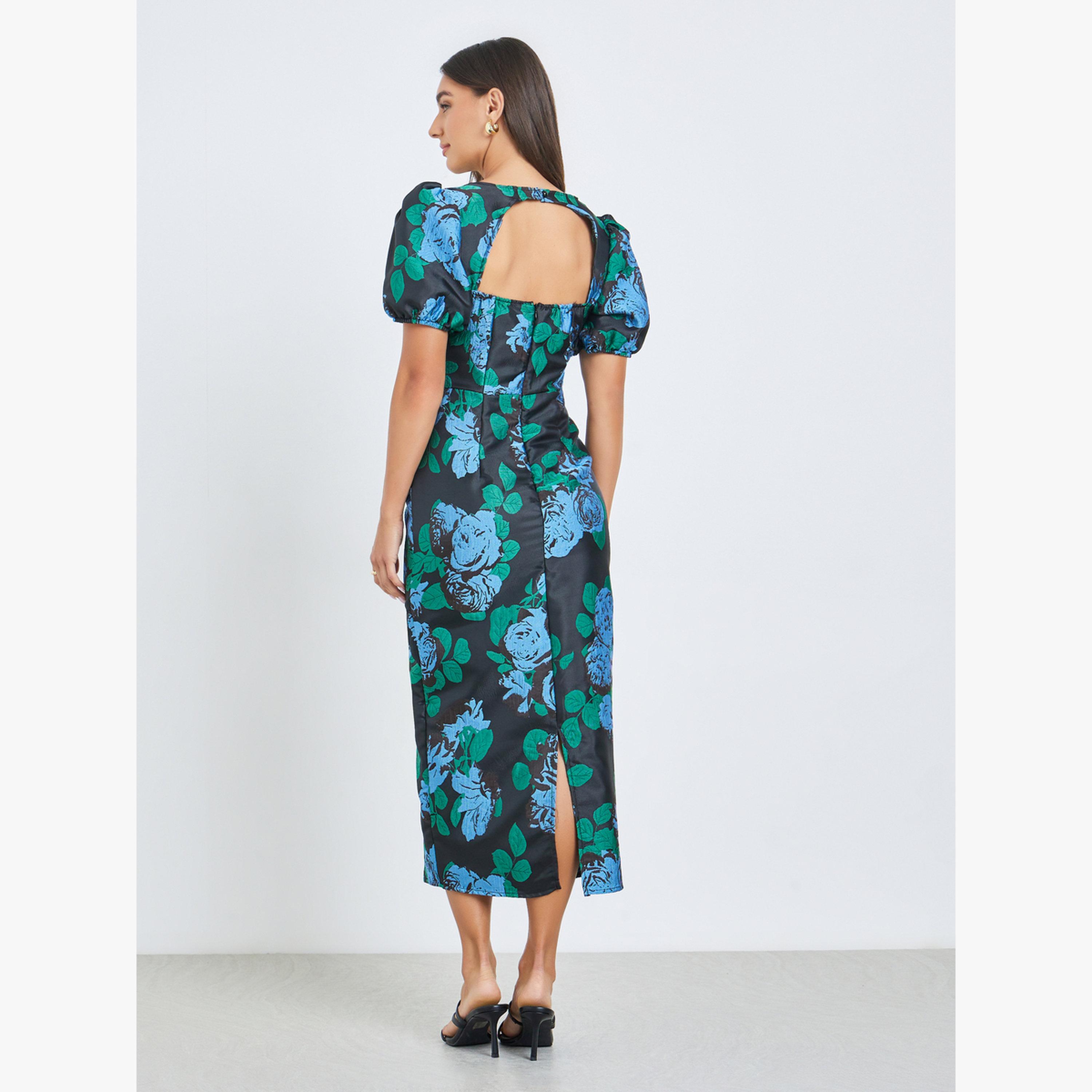 فستان ميدي جاكار بأكمام منفوخة-women-clothing-dresses-image-4