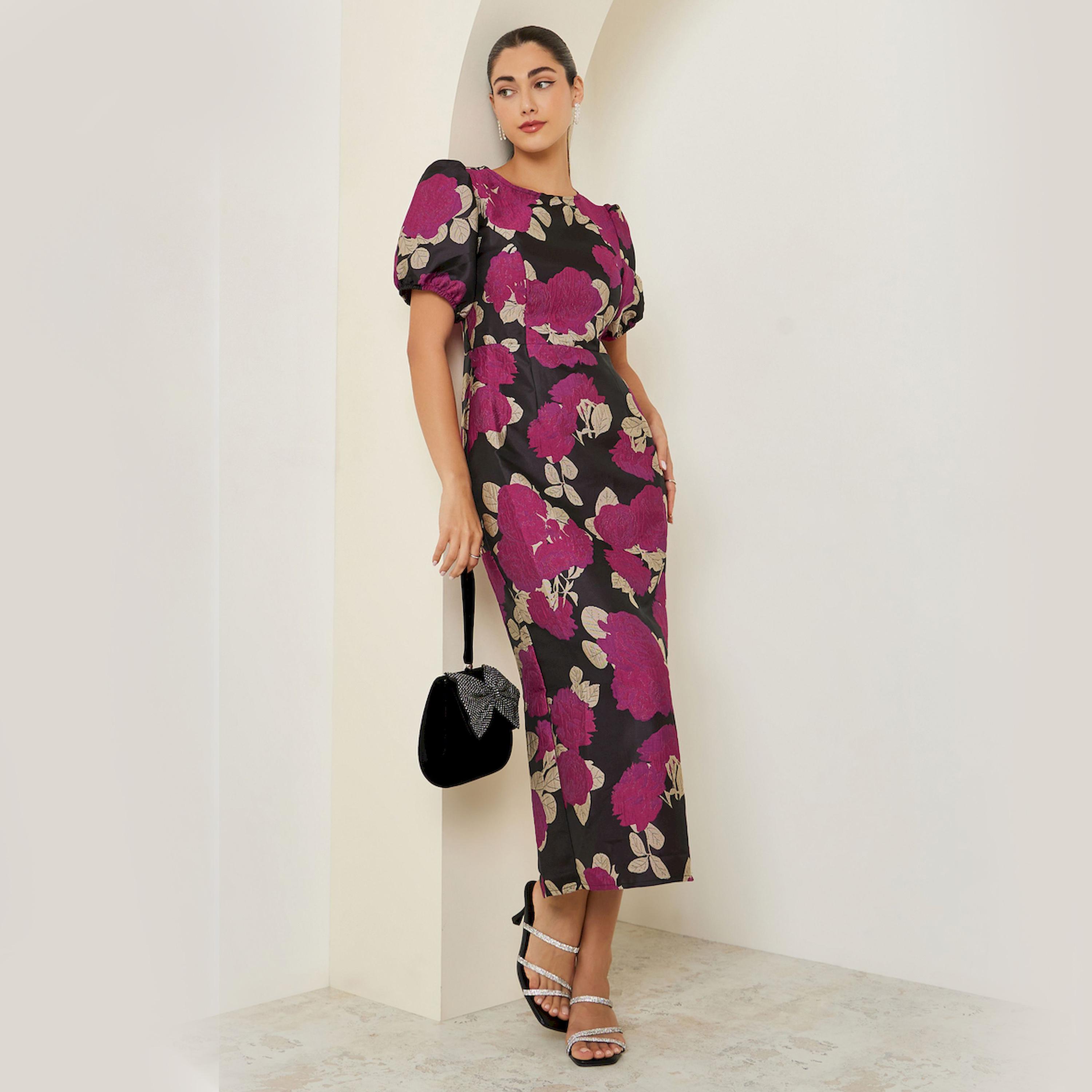 فستان طويل ضيق بنقشة زهور وأكمام منفوخة-women-clothing-dresses-image-1