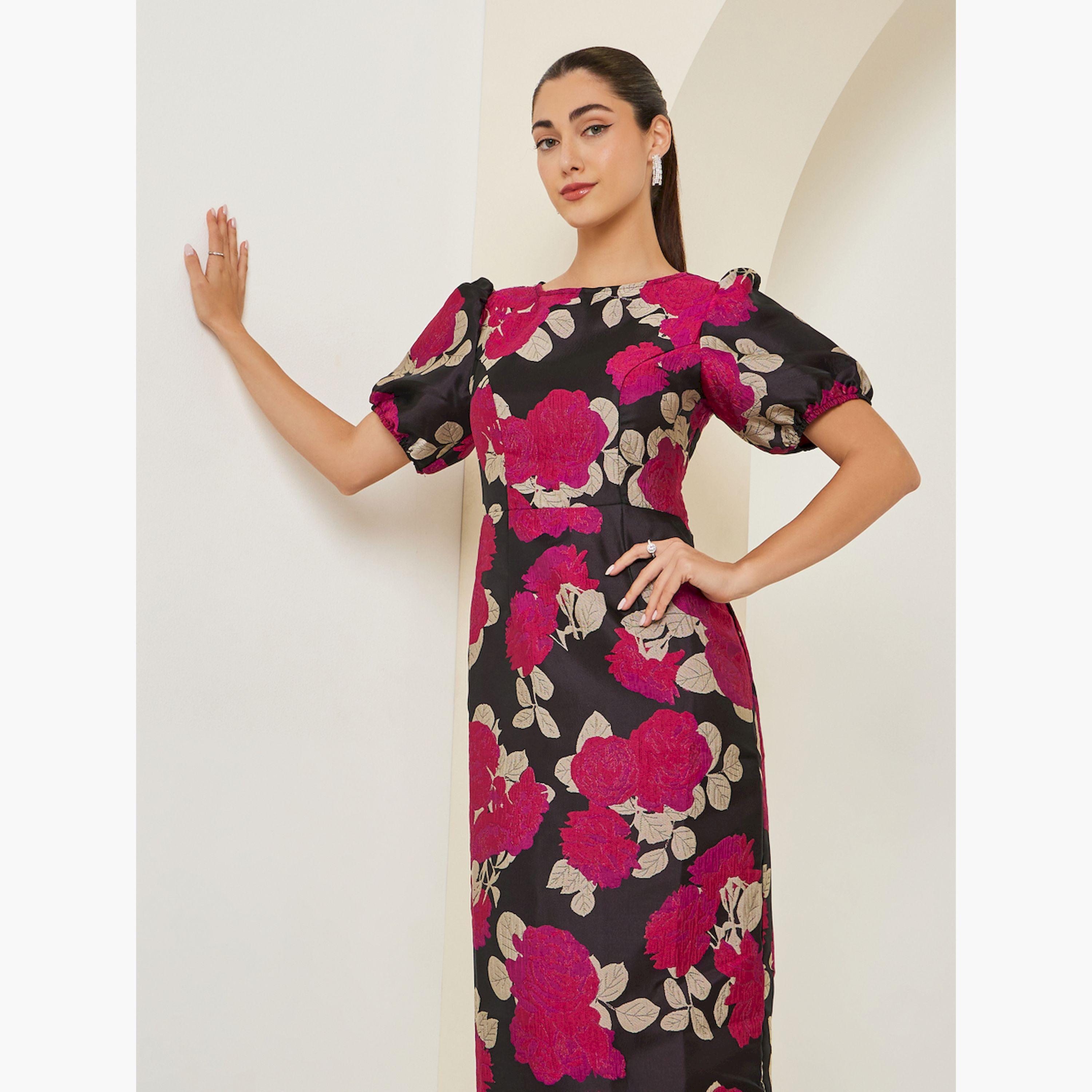 فستان طويل ضيق بنقشة زهور وأكمام منفوخة-women-clothing-dresses-image-2