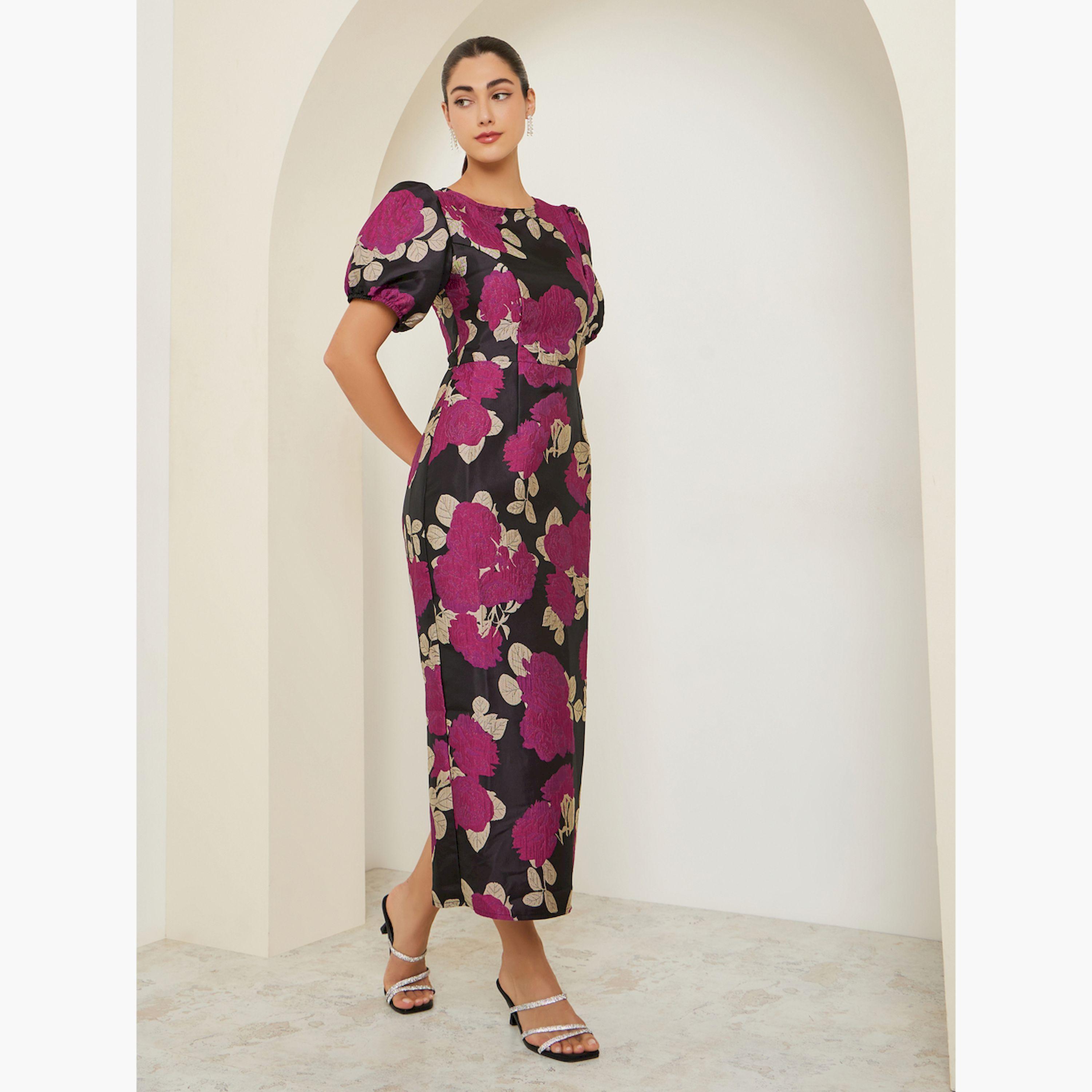 فستان طويل ضيق بنقشة زهور وأكمام منفوخة-women-clothing-dresses-image-3