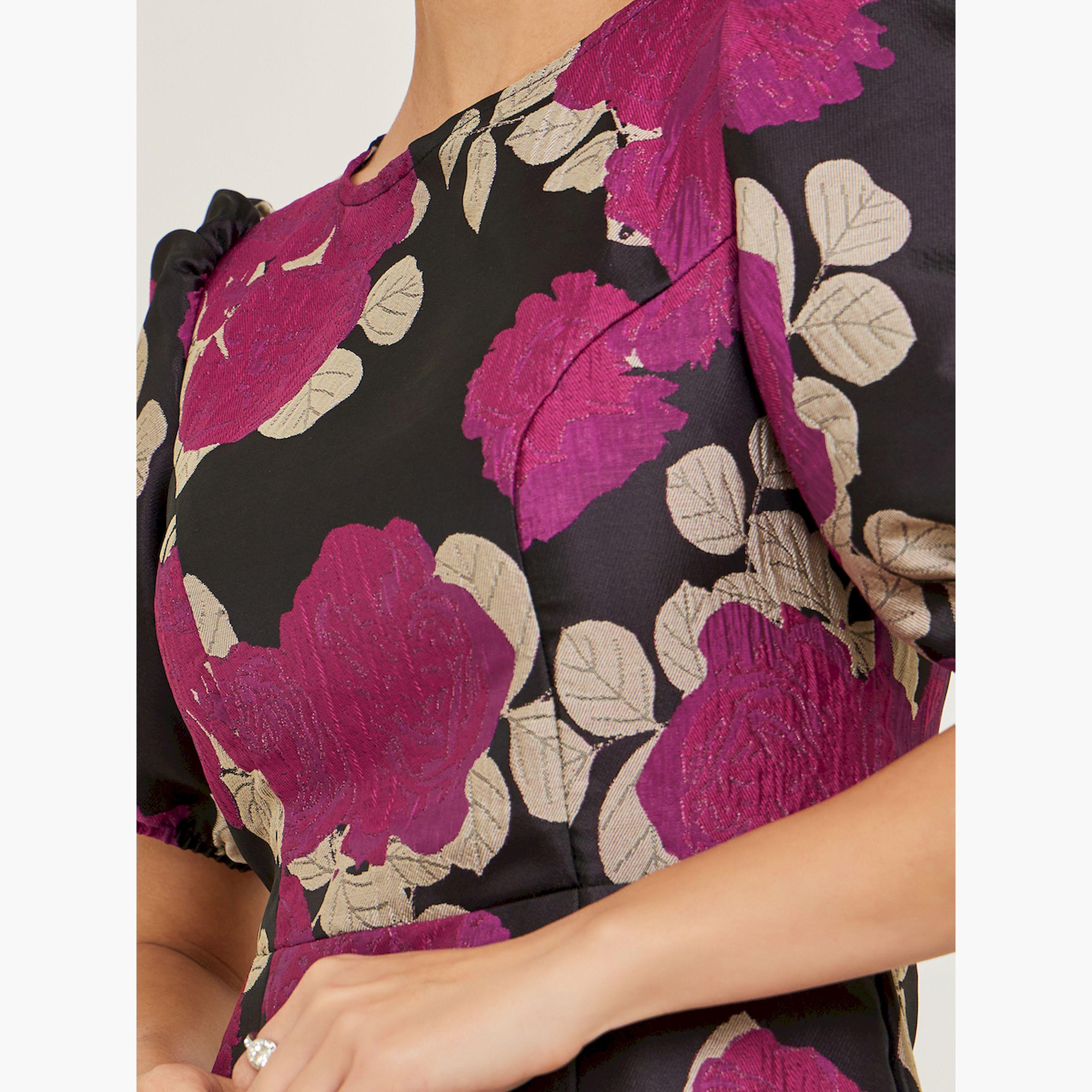 فستان طويل ضيق بنقشة زهور وأكمام منفوخة-women-clothing-dresses-image-4