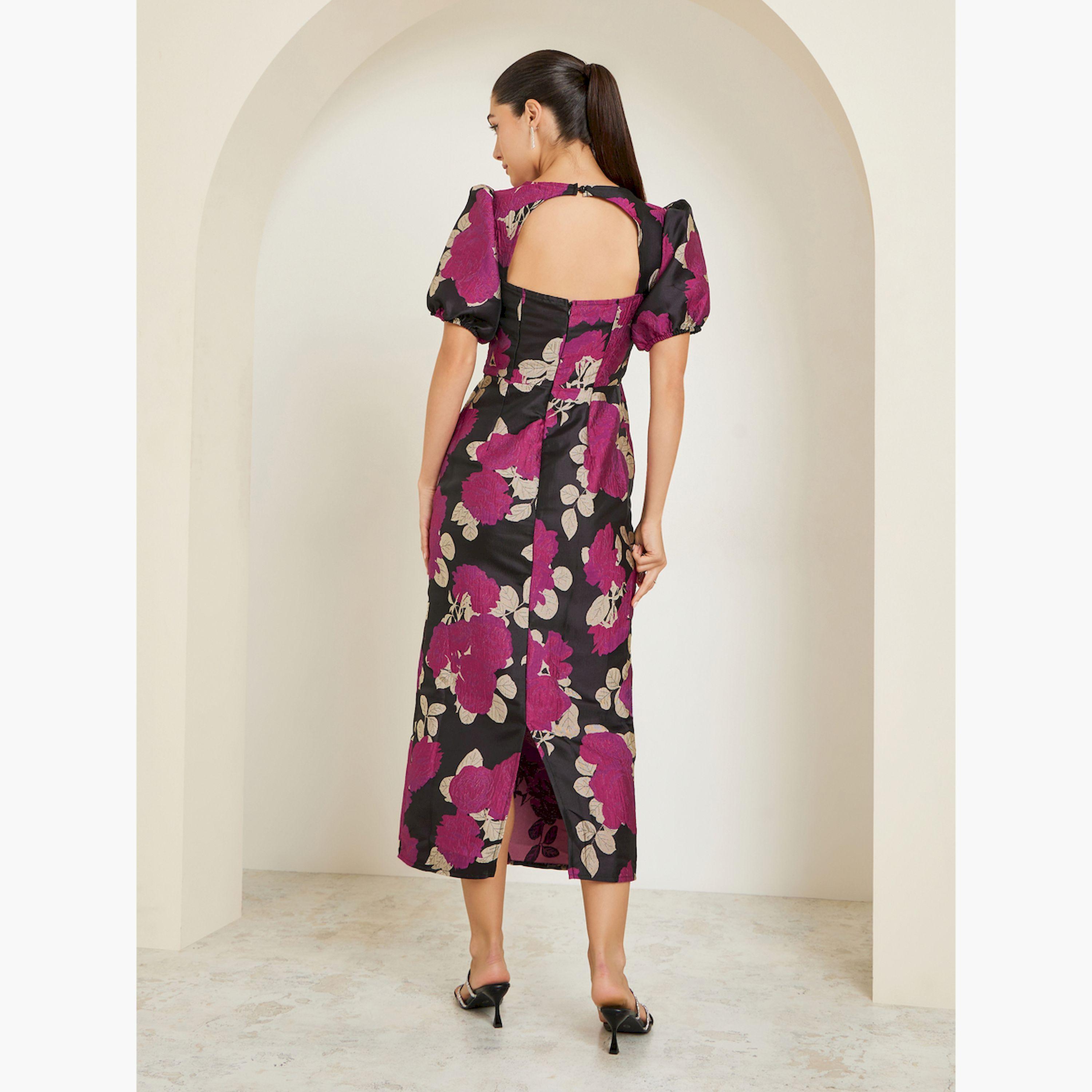 فستان طويل ضيق بنقشة زهور وأكمام منفوخة-women-clothing-dresses-image-5