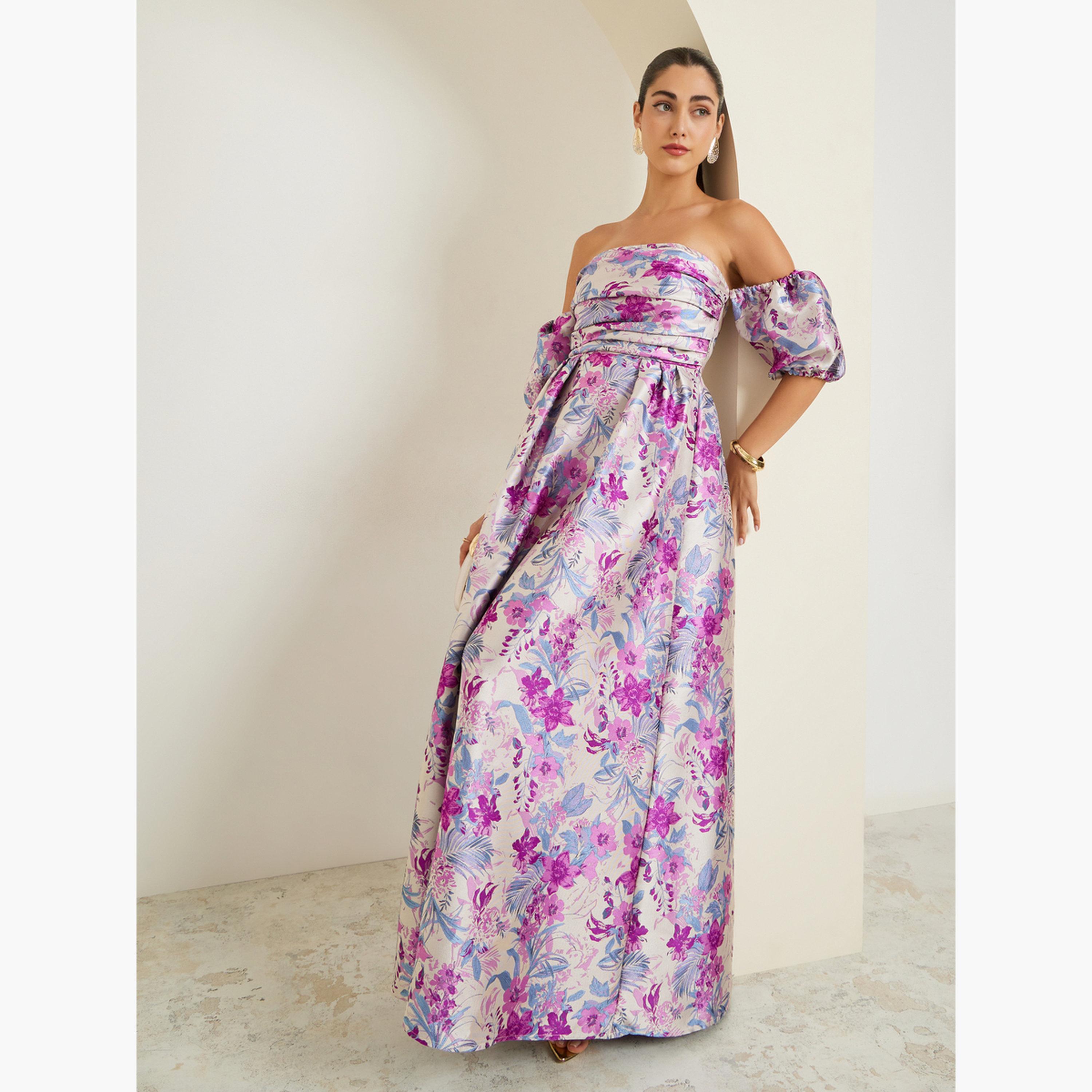 فستان طويل بنقشة زهور وكسرات وأكتاف مكشوفة-women-clothing-dresses-image-2