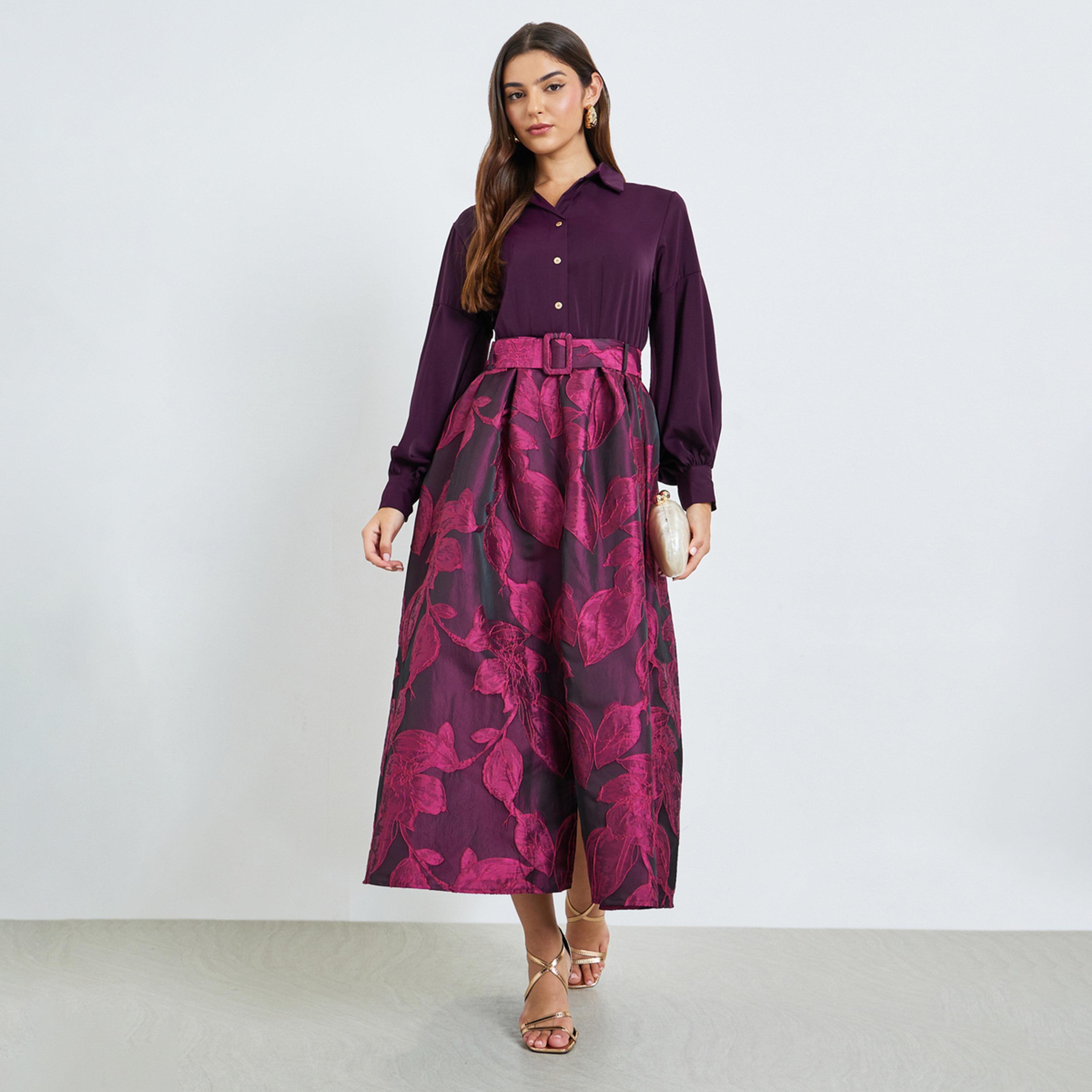 Styli Purple Floral Jacquard Maxi Dress with Belt-women-clothing-dresses-image-1