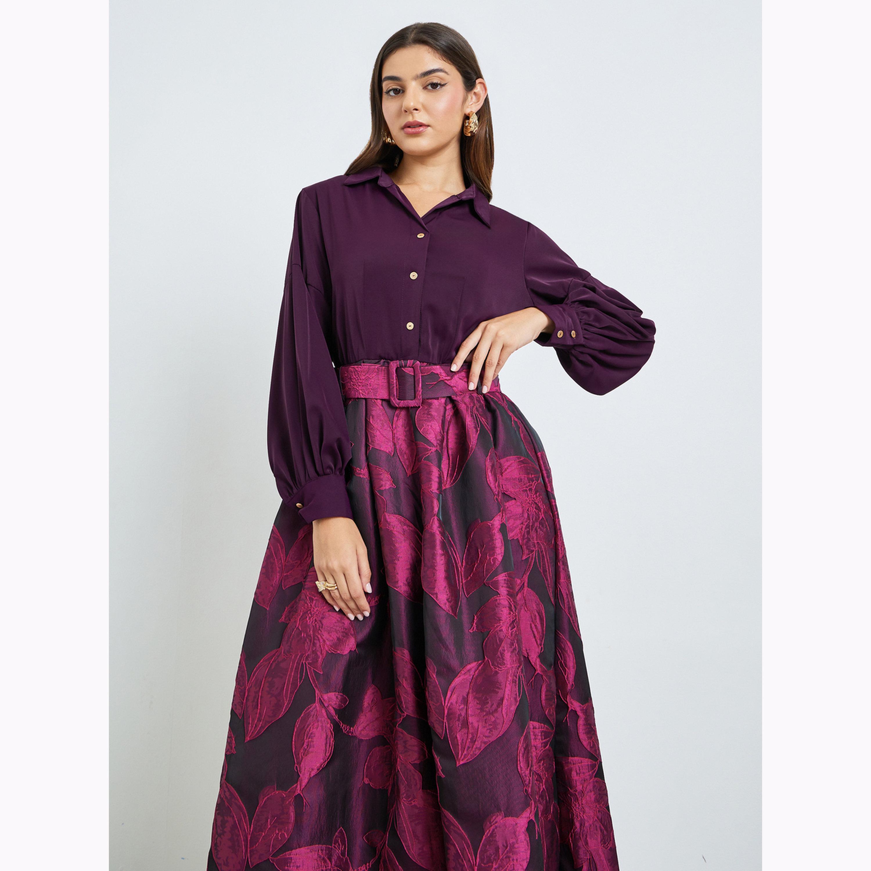 فستان طويل جاكار بنقشة زهور وحزام-women-clothing-dresses-image-2
