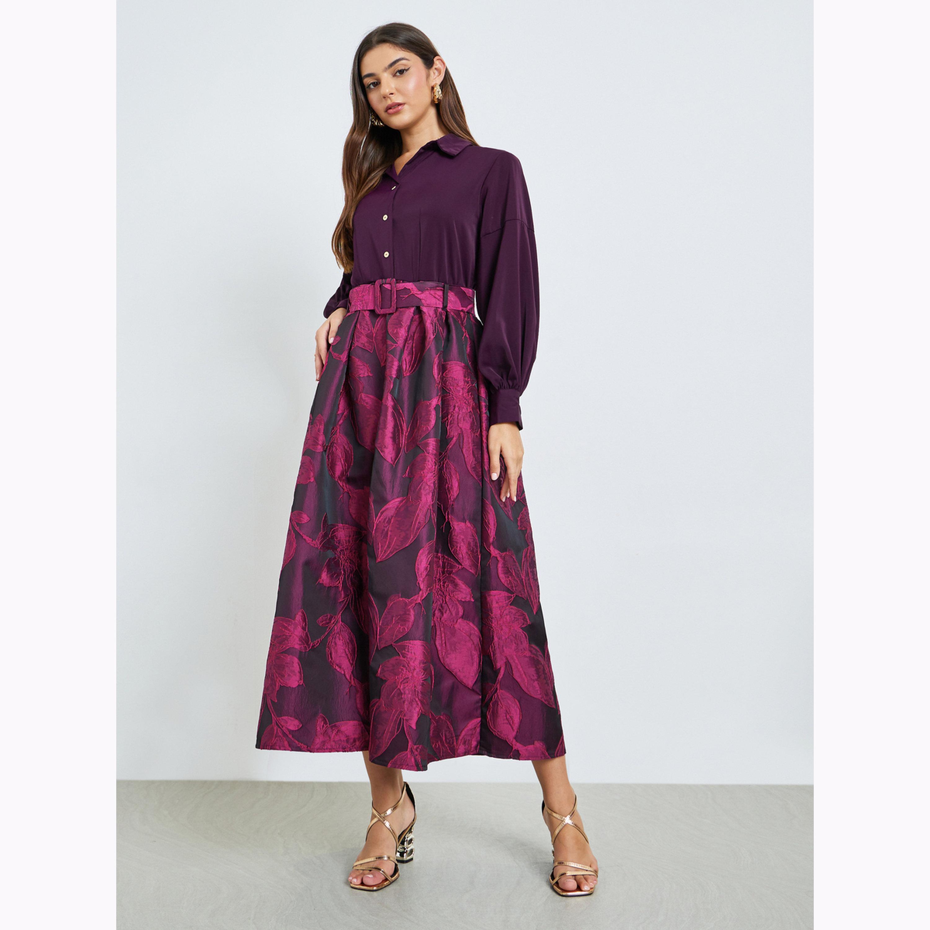 Styli Purple Floral Jacquard Maxi Dress with Belt-women-clothing-dresses-image-3