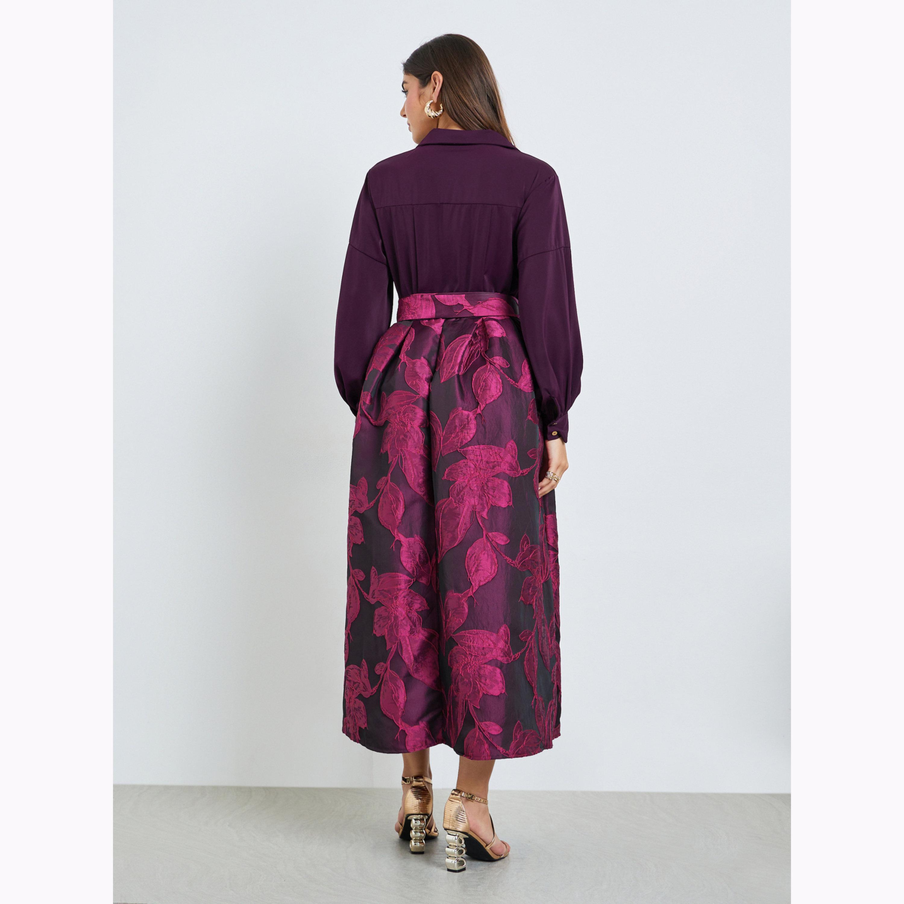 فستان طويل جاكار بنقشة زهور وحزام-women-clothing-dresses-image-4