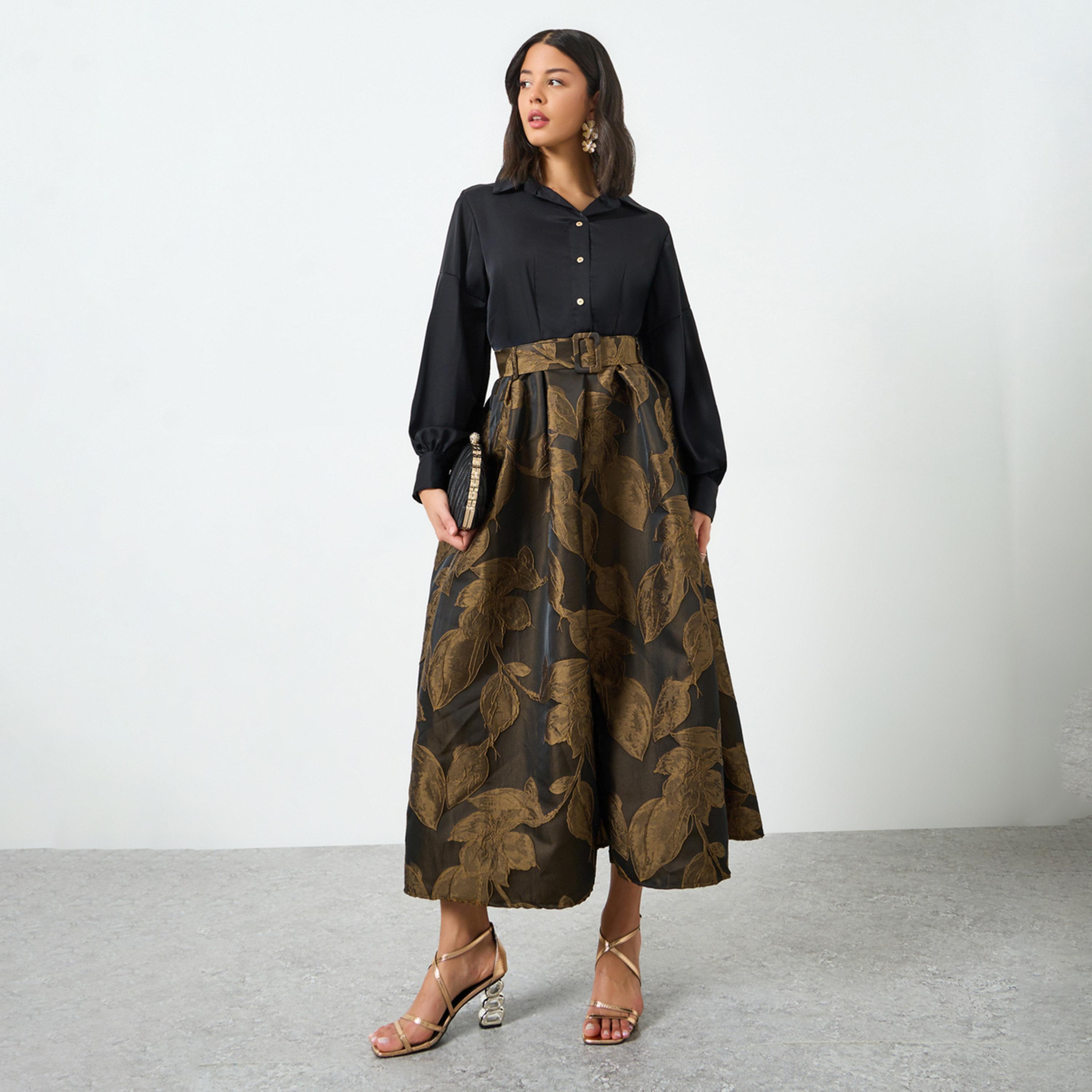 Styli Brown Floral Jacquard Belted Maxi Dress-women-clothing-dresses-image-1