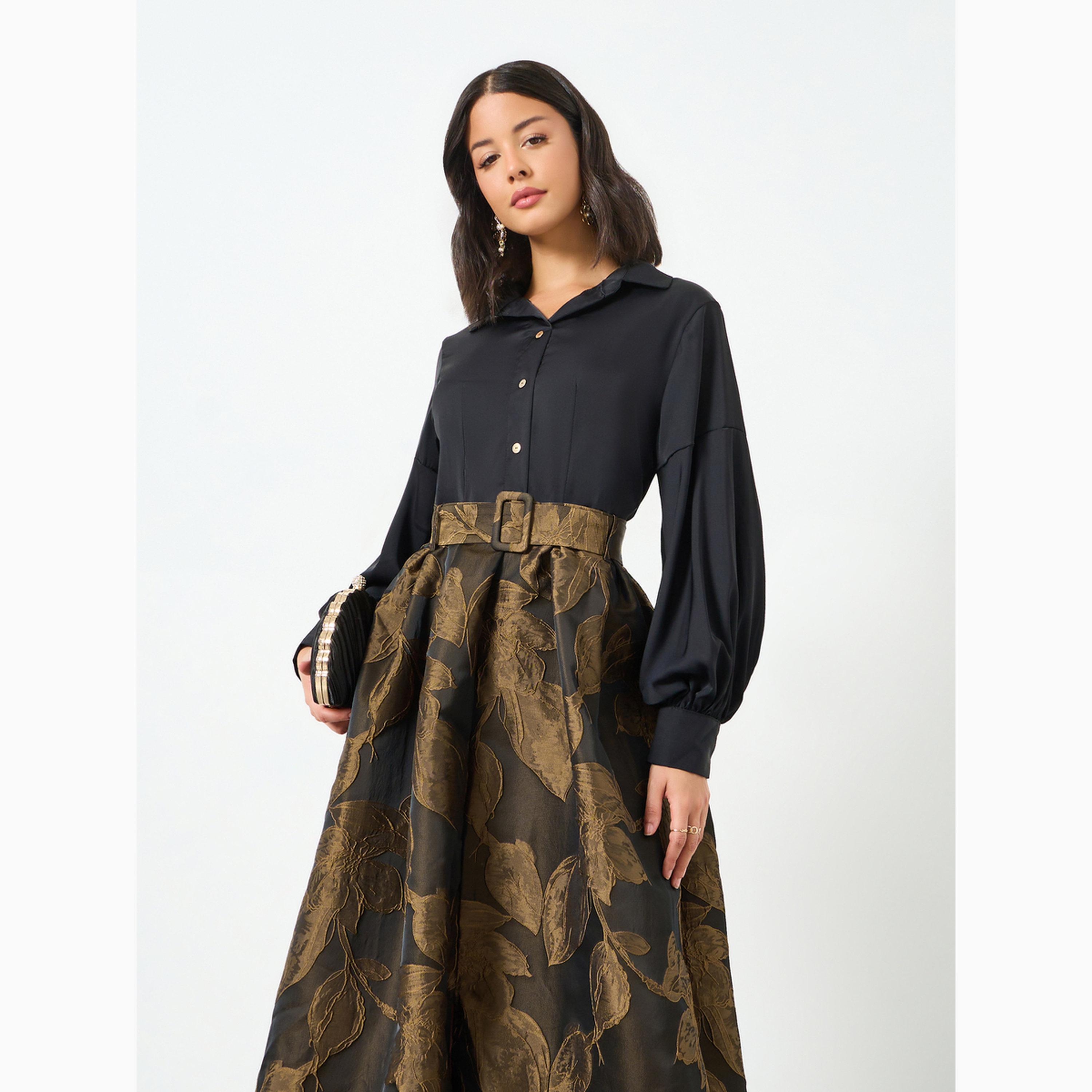 فستان طويل جاكارد بنقشة الزهور مع حزام-women-clothing-dresses-image-2