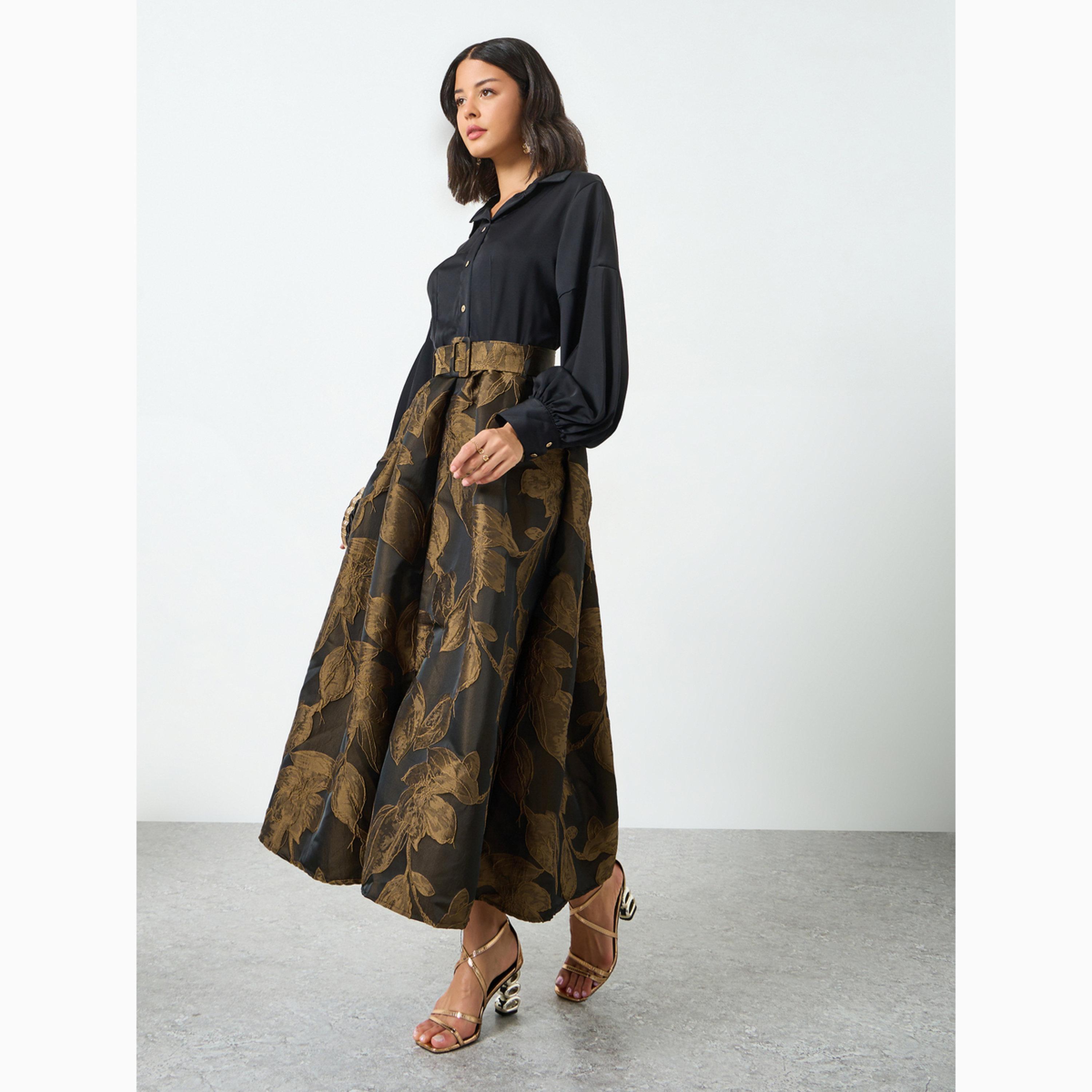 فستان طويل جاكارد بنقشة الزهور مع حزام-women-clothing-dresses-image-3