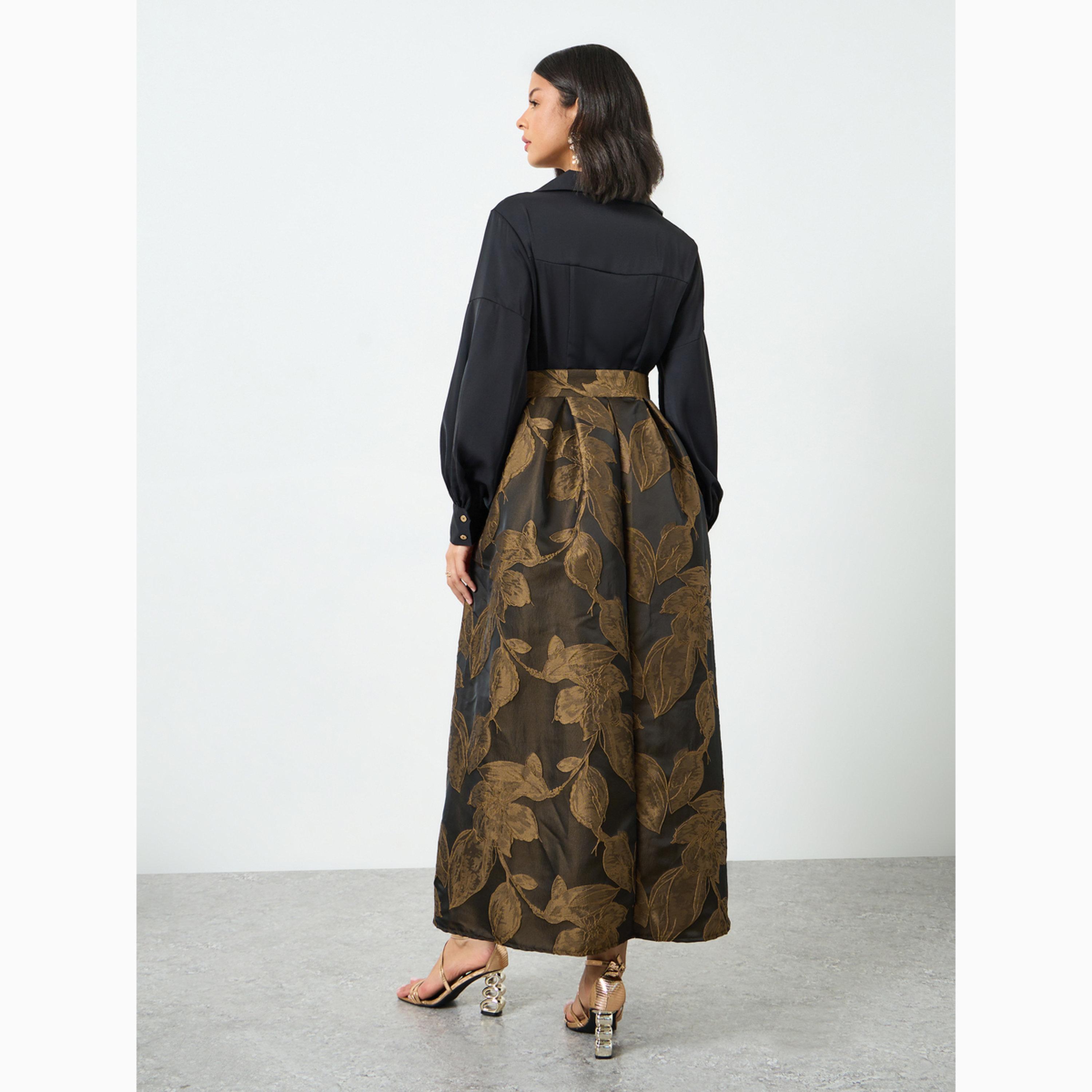 Styli Brown Floral Jacquard Belted Maxi Dress-women-clothing-dresses-image-5
