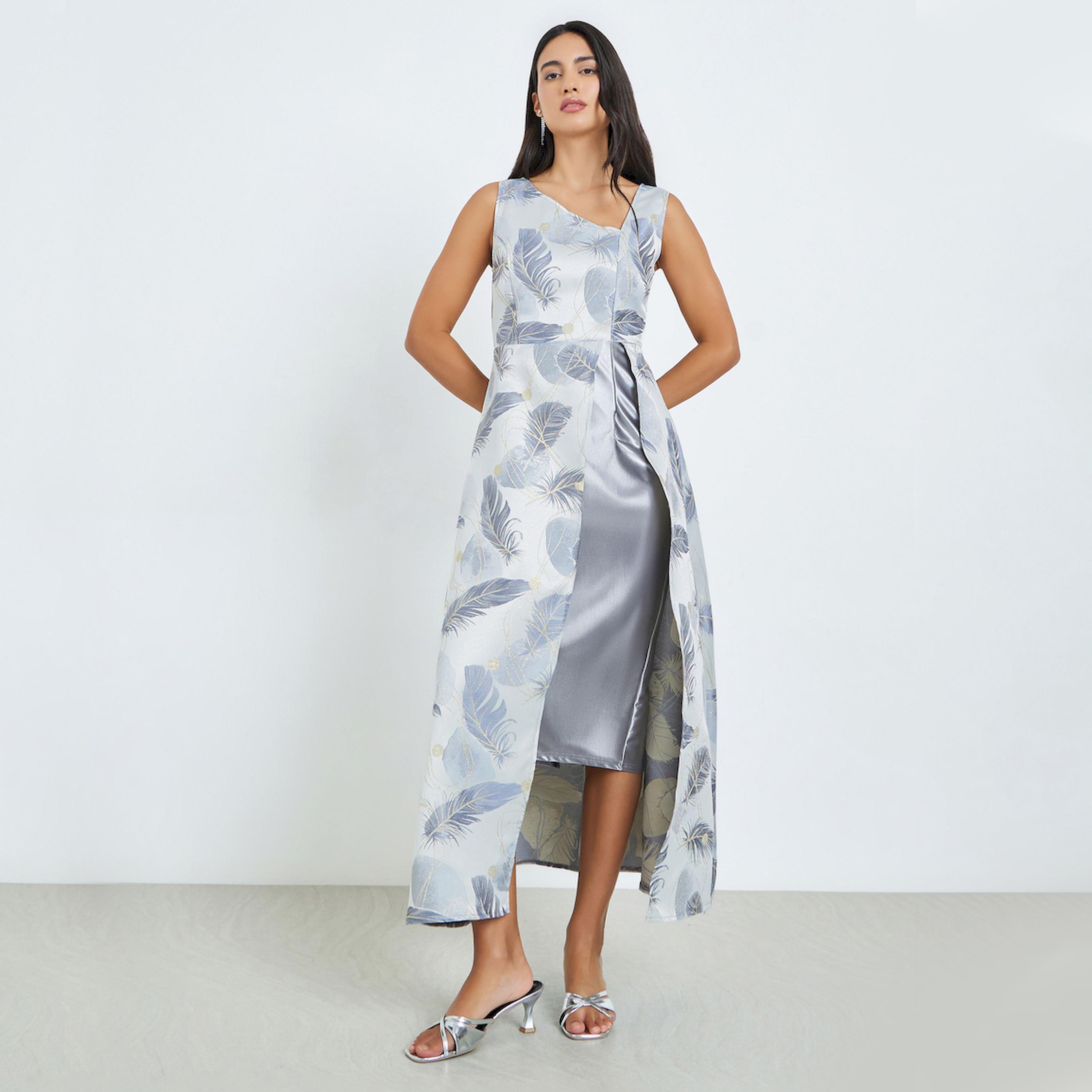 Styli Grey Printed Asymmetric Hem Sleeveless Maxi Dress-women-clothing-dresses-image-1