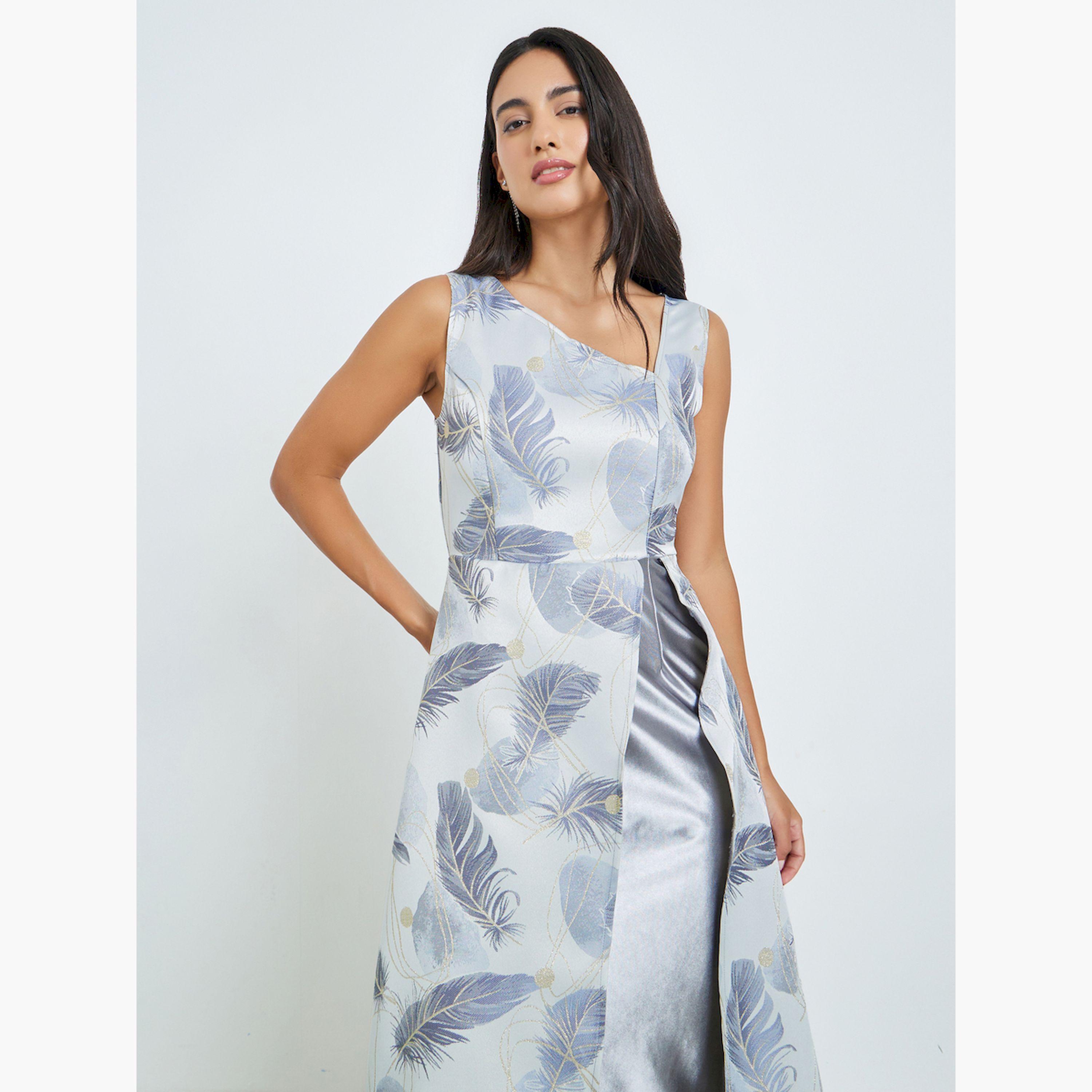 Styli Grey Printed Asymmetric Hem Sleeveless Maxi Dress-women-clothing-dresses-image-2