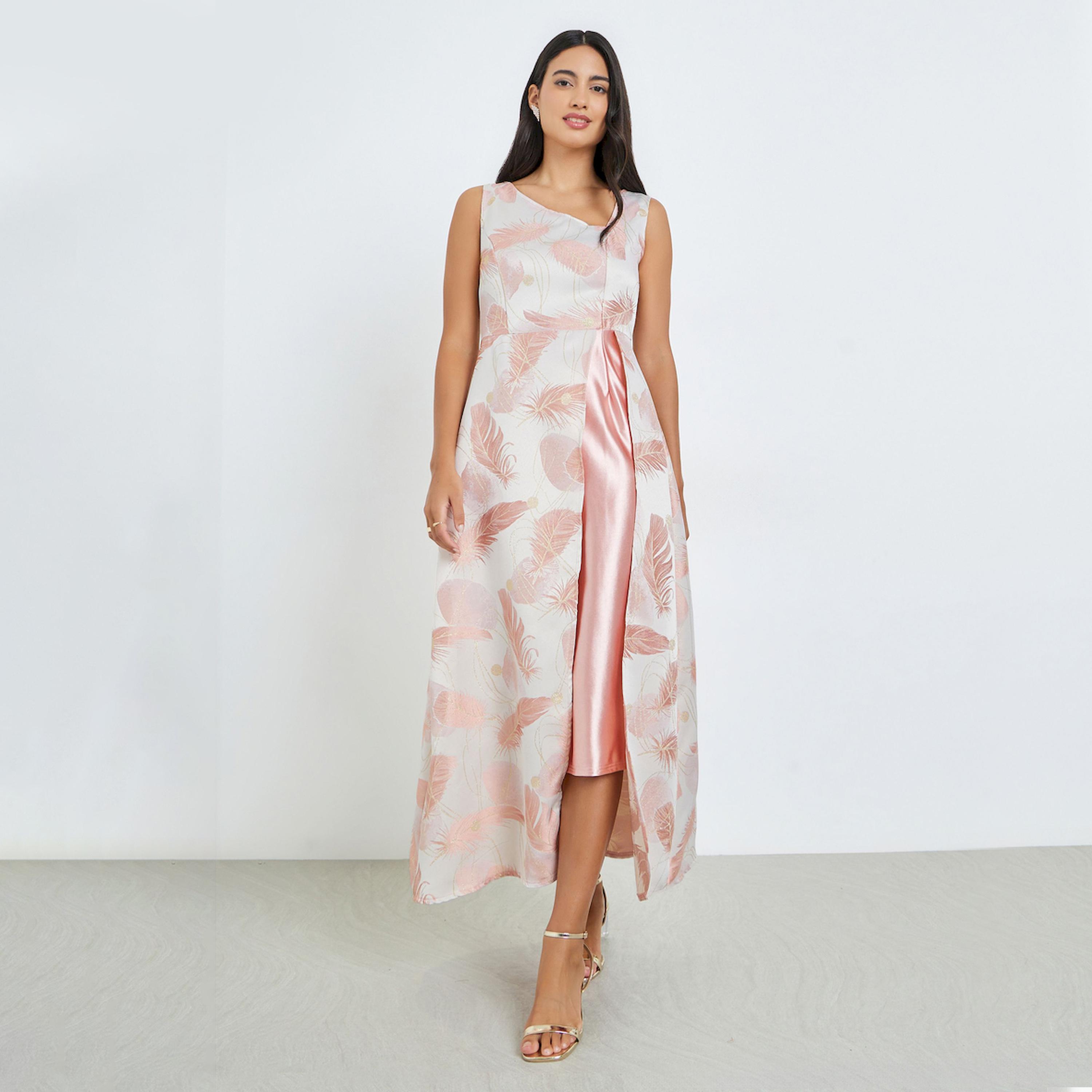 Styli Pink Printed Asymmetric Hem Sleeveless Maxi Dress-women-clothing-dresses-image-1