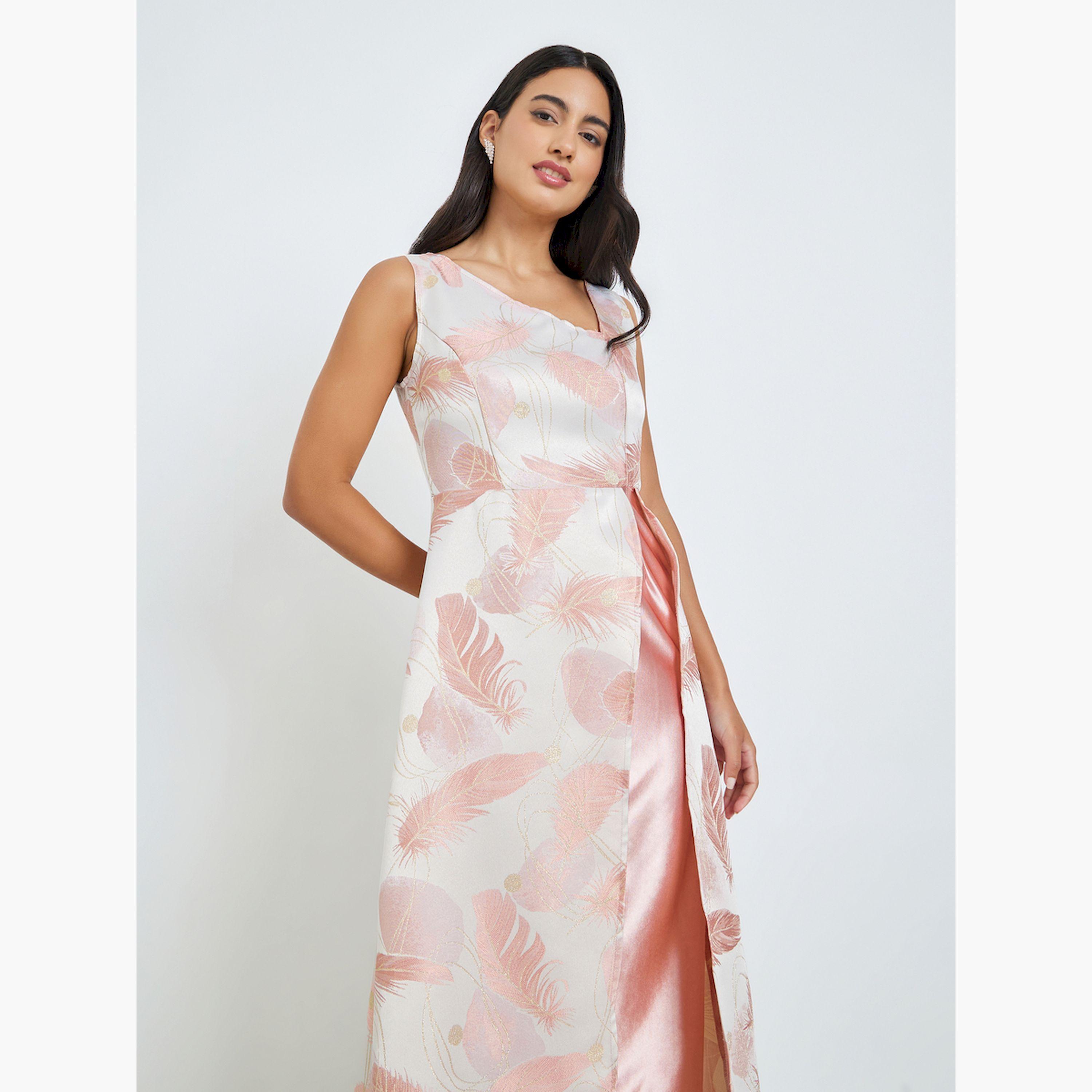 Styli Pink Printed Asymmetric Hem Sleeveless Maxi Dress-women-clothing-dresses-image-2