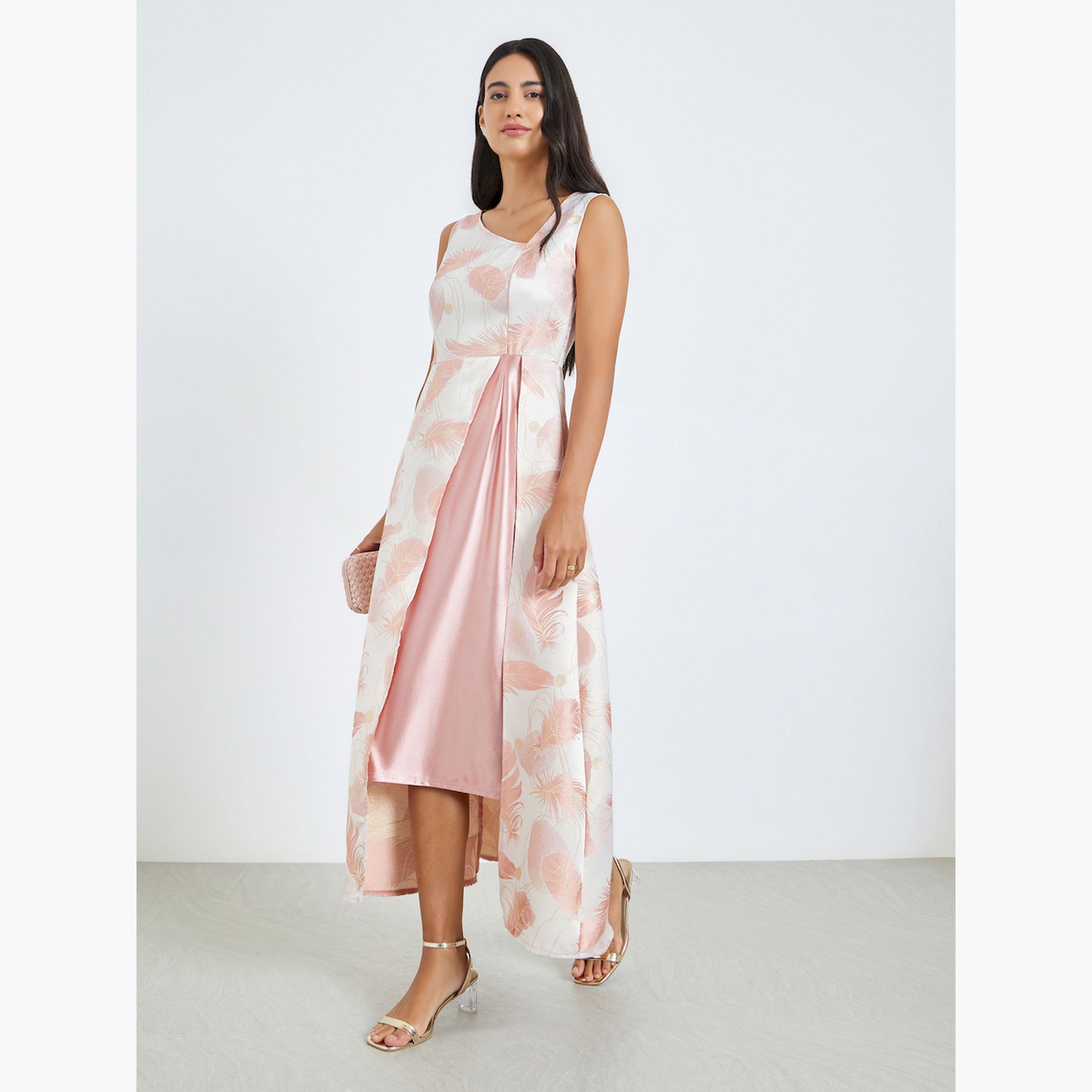 Styli Pink Printed Asymmetric Hem Sleeveless Maxi Dress-women-clothing-dresses-image-3
