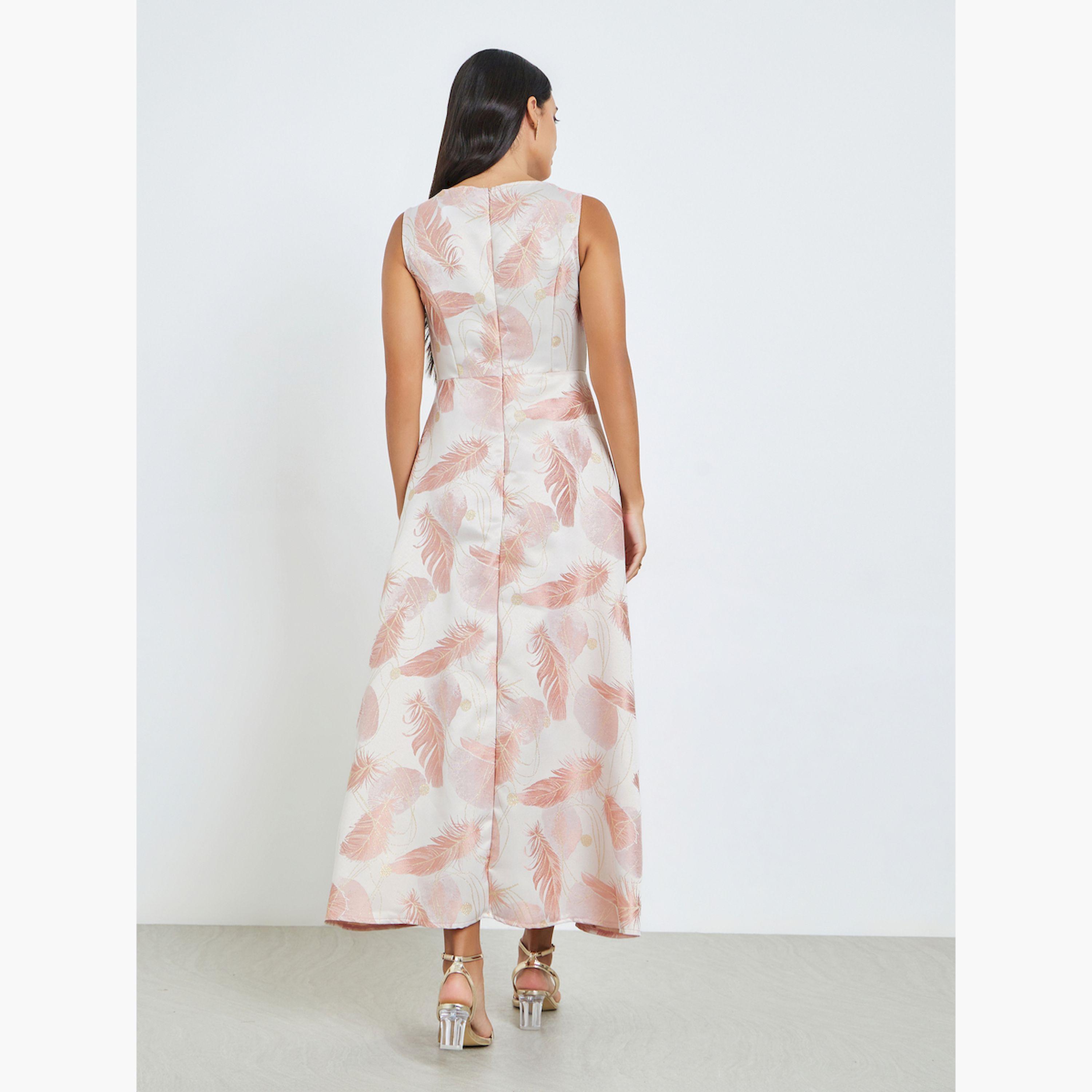 Styli Pink Printed Asymmetric Hem Sleeveless Maxi Dress-women-clothing-dresses-image-5