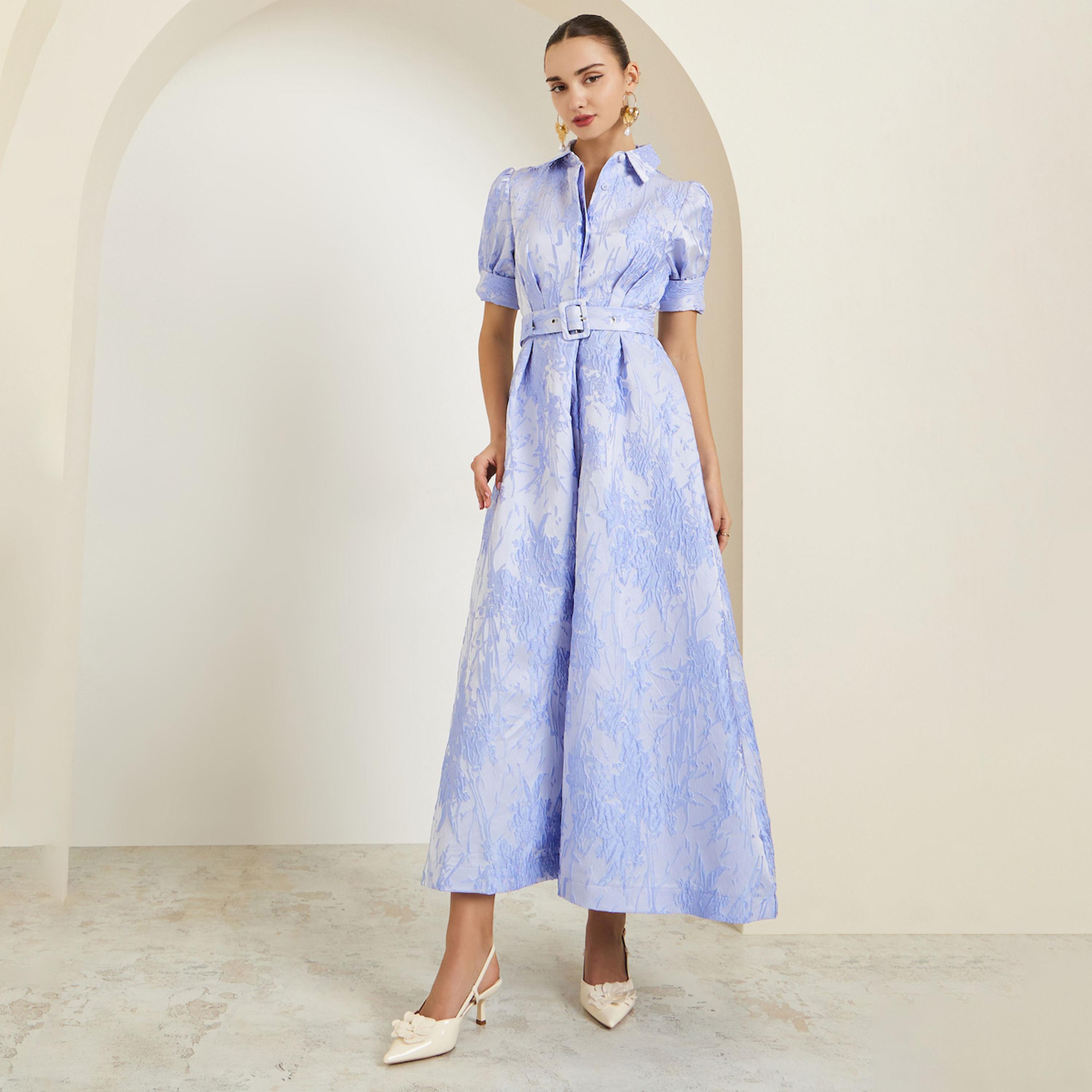 Styli Blue Jacquard Puff Sleeve Shirt A-Line Maxi Dress-women-clothing-dresses-image-1