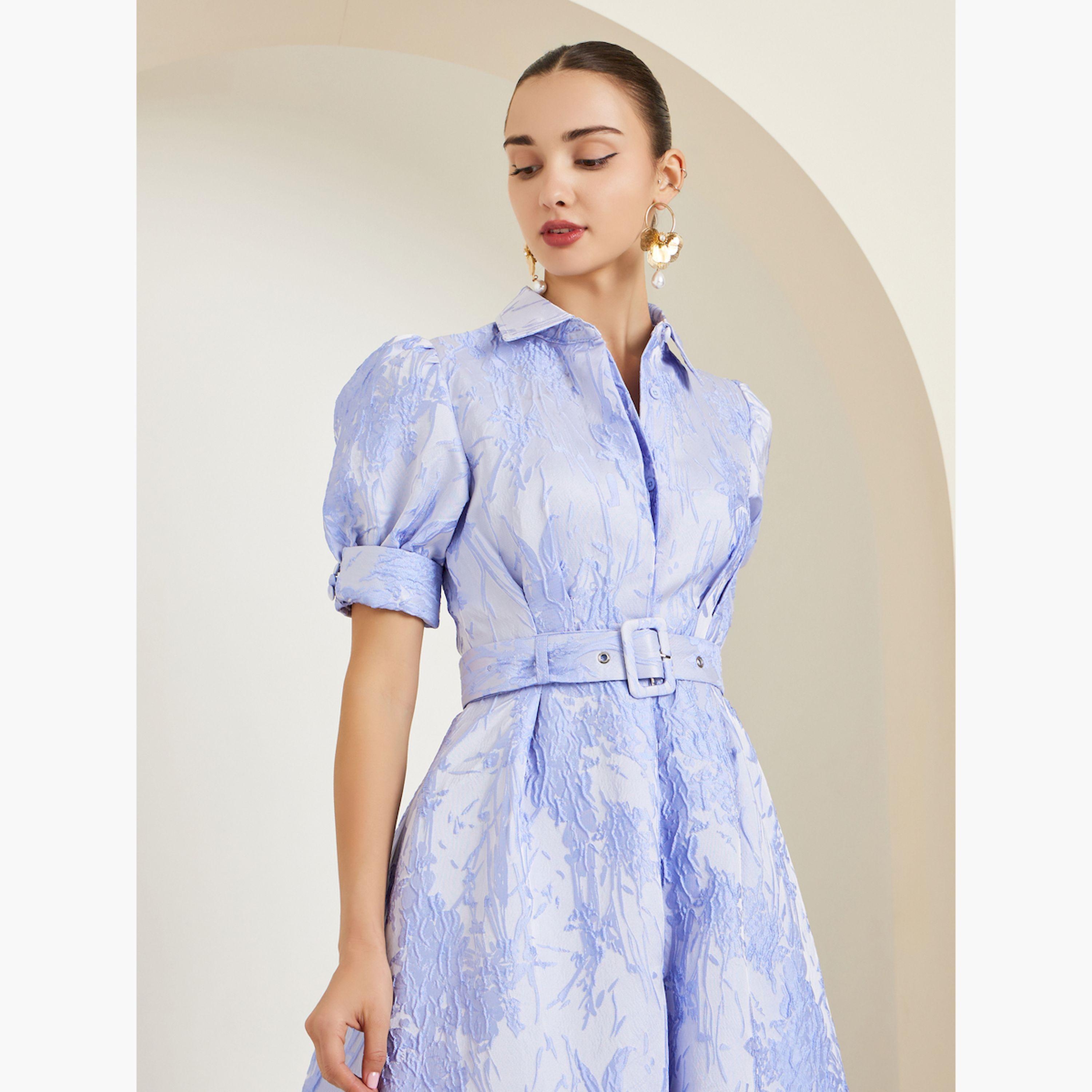 Styli Blue Jacquard Puff Sleeve Shirt A-Line Maxi Dress-women-clothing-dresses-image-2