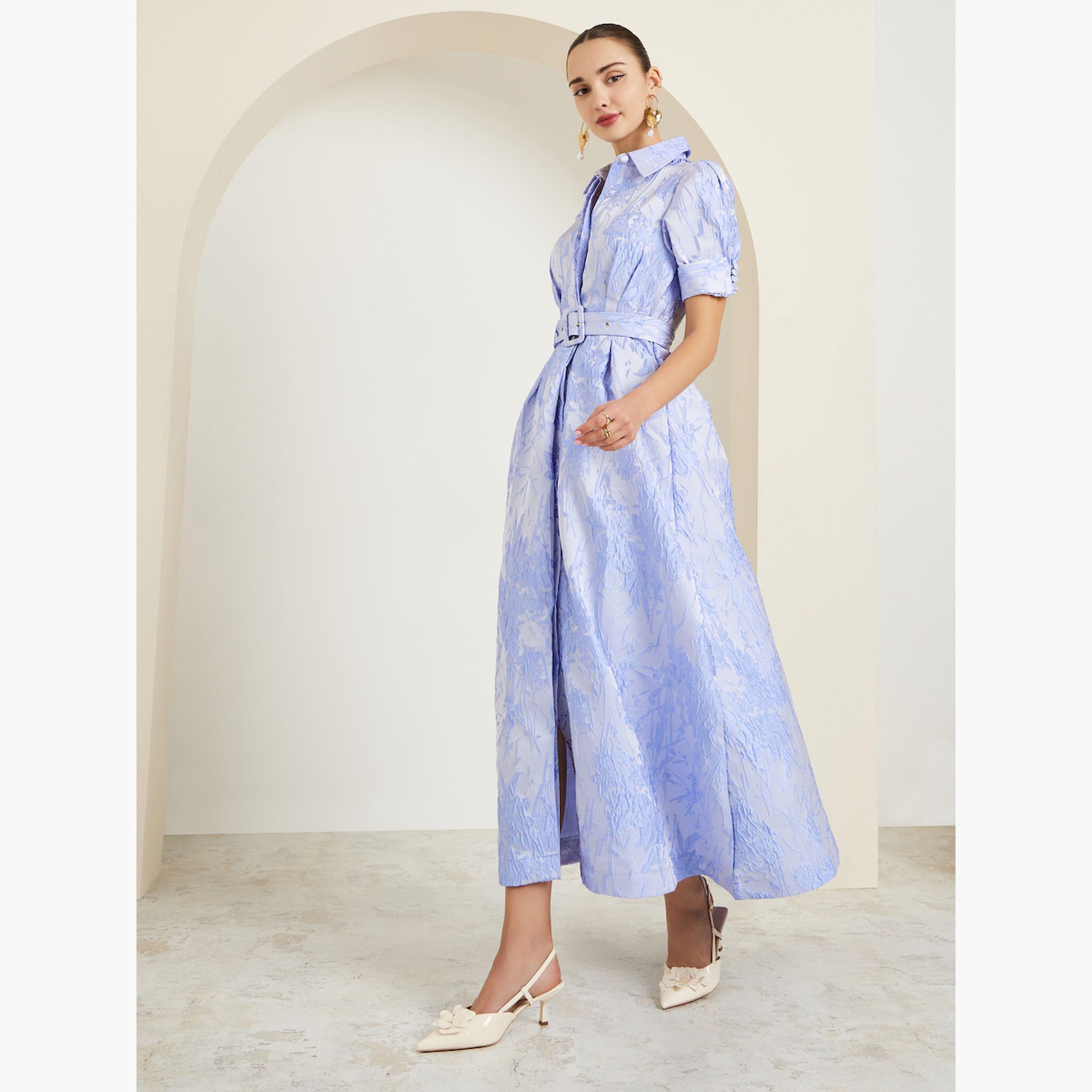 Styli Blue Jacquard Puff Sleeve Shirt A-Line Maxi Dress-women-clothing-dresses-image-3