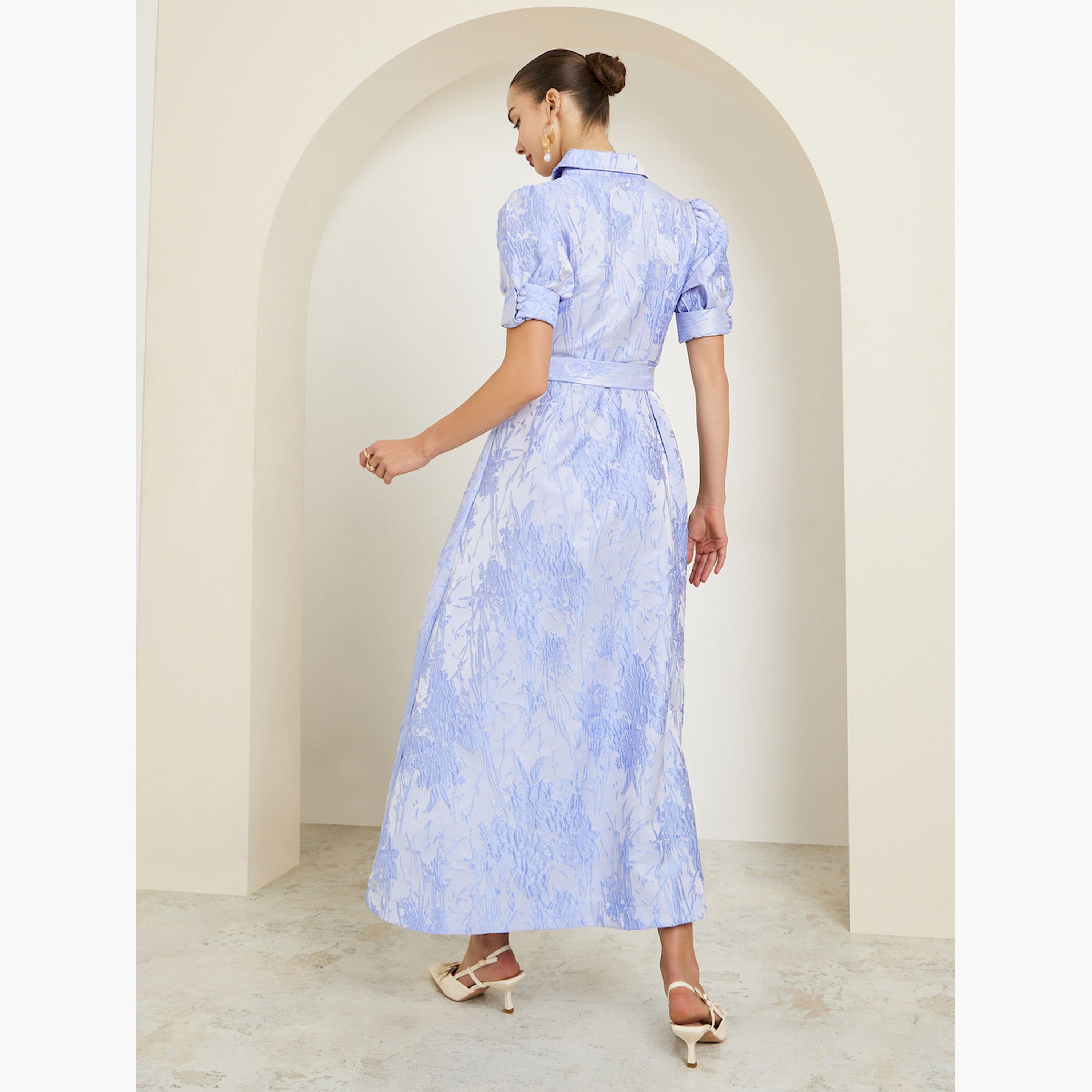 Styli Blue Jacquard Puff Sleeve Shirt A-Line Maxi Dress-women-clothing-dresses-image-4
