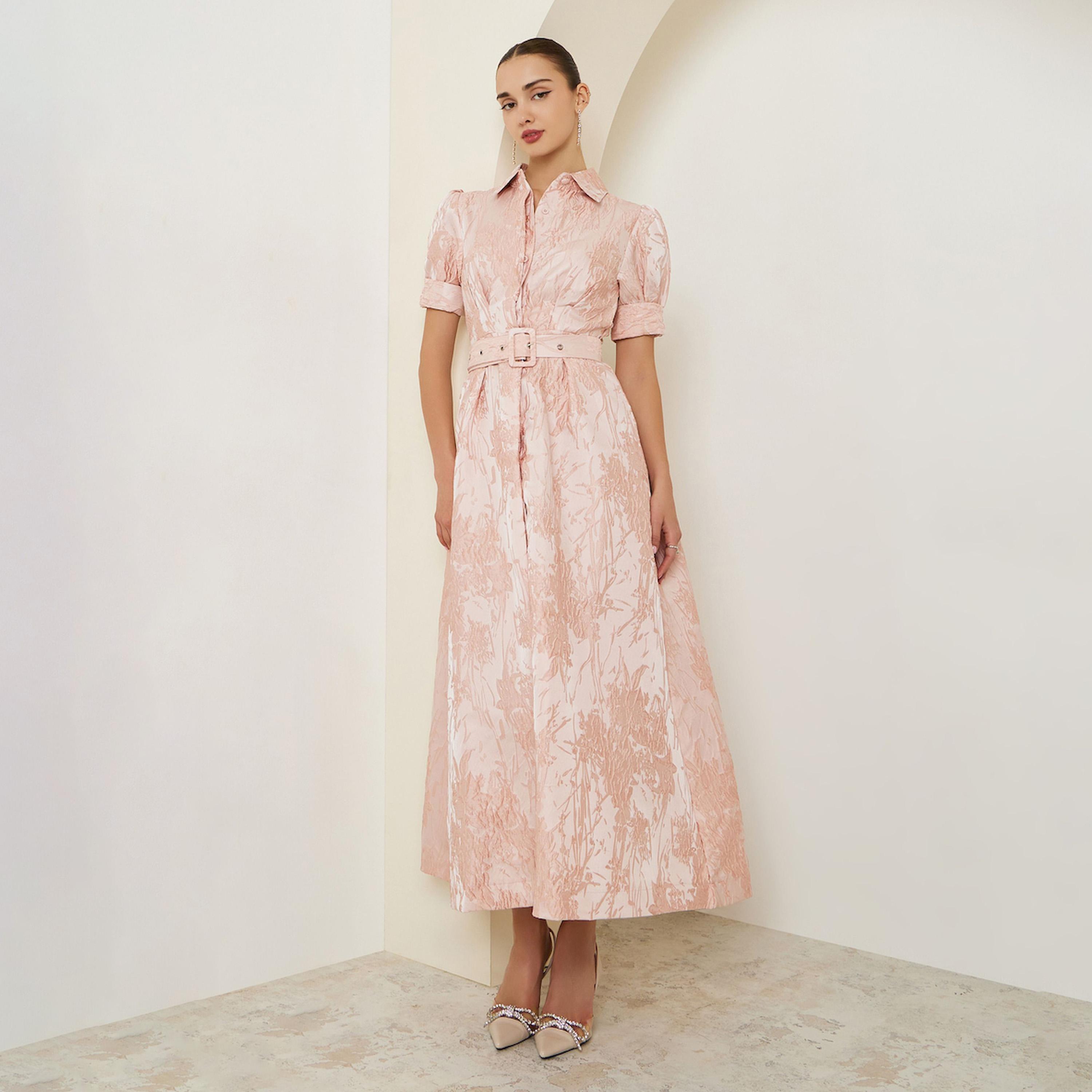 فستان طويل بنمط قميص وتفاصيل جاكار مع أكمام منفوخة-women-clothing-dresses-image-1