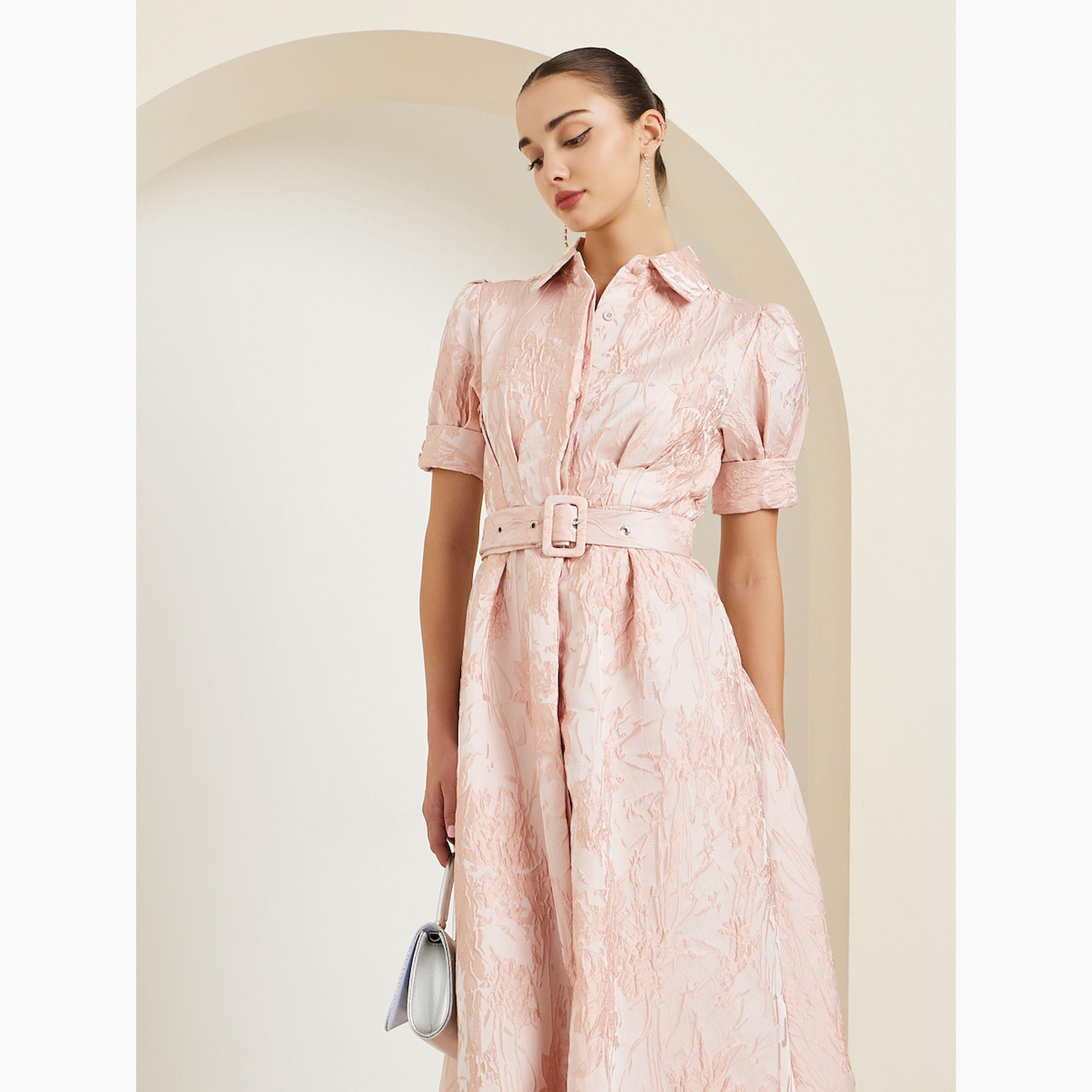 Styli Pink Jacquard Puff Sleeves Shirt Maxi Dress-women-clothing-dresses-image-2