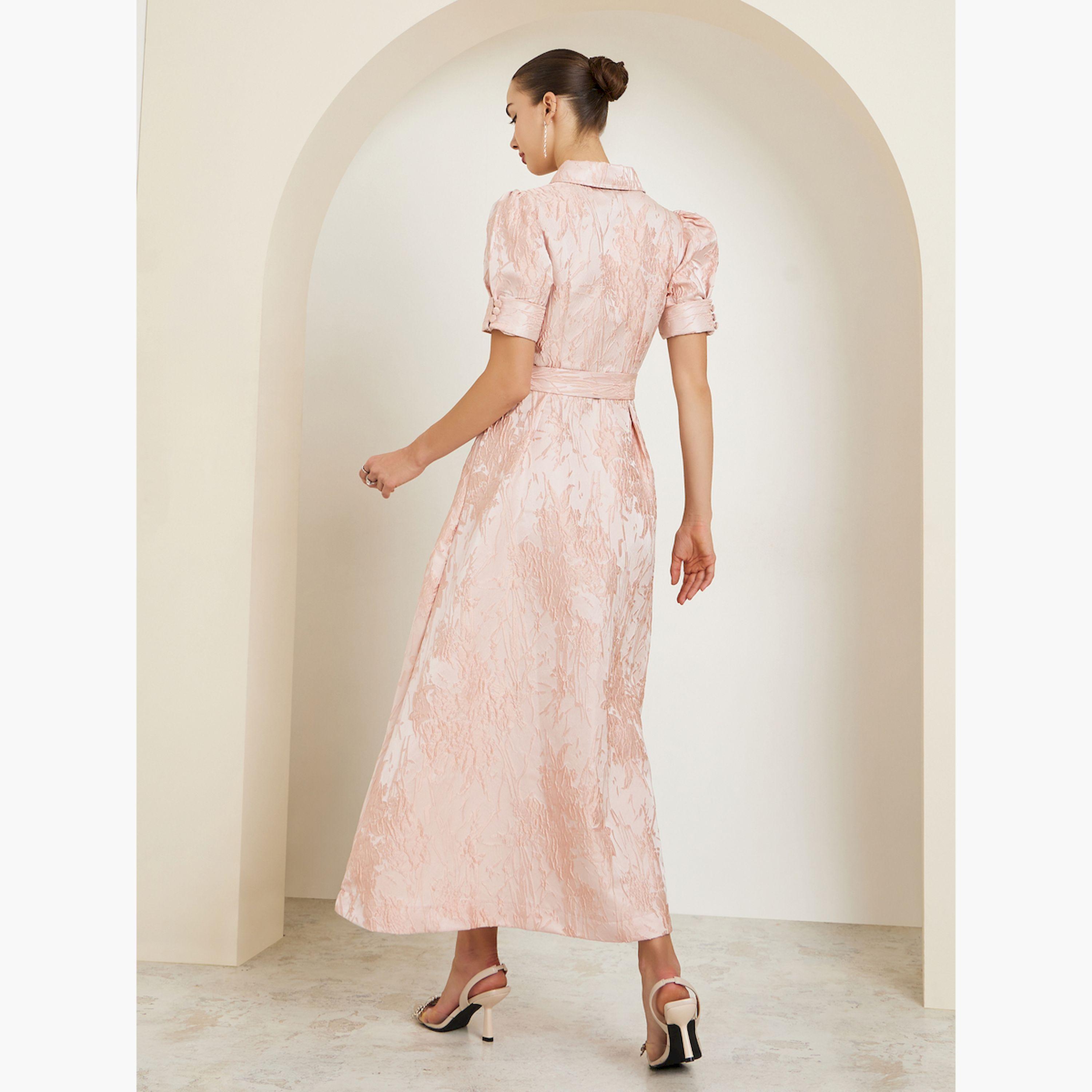 Styli Pink Jacquard Puff Sleeves Shirt Maxi Dress-women-clothing-dresses-image-4