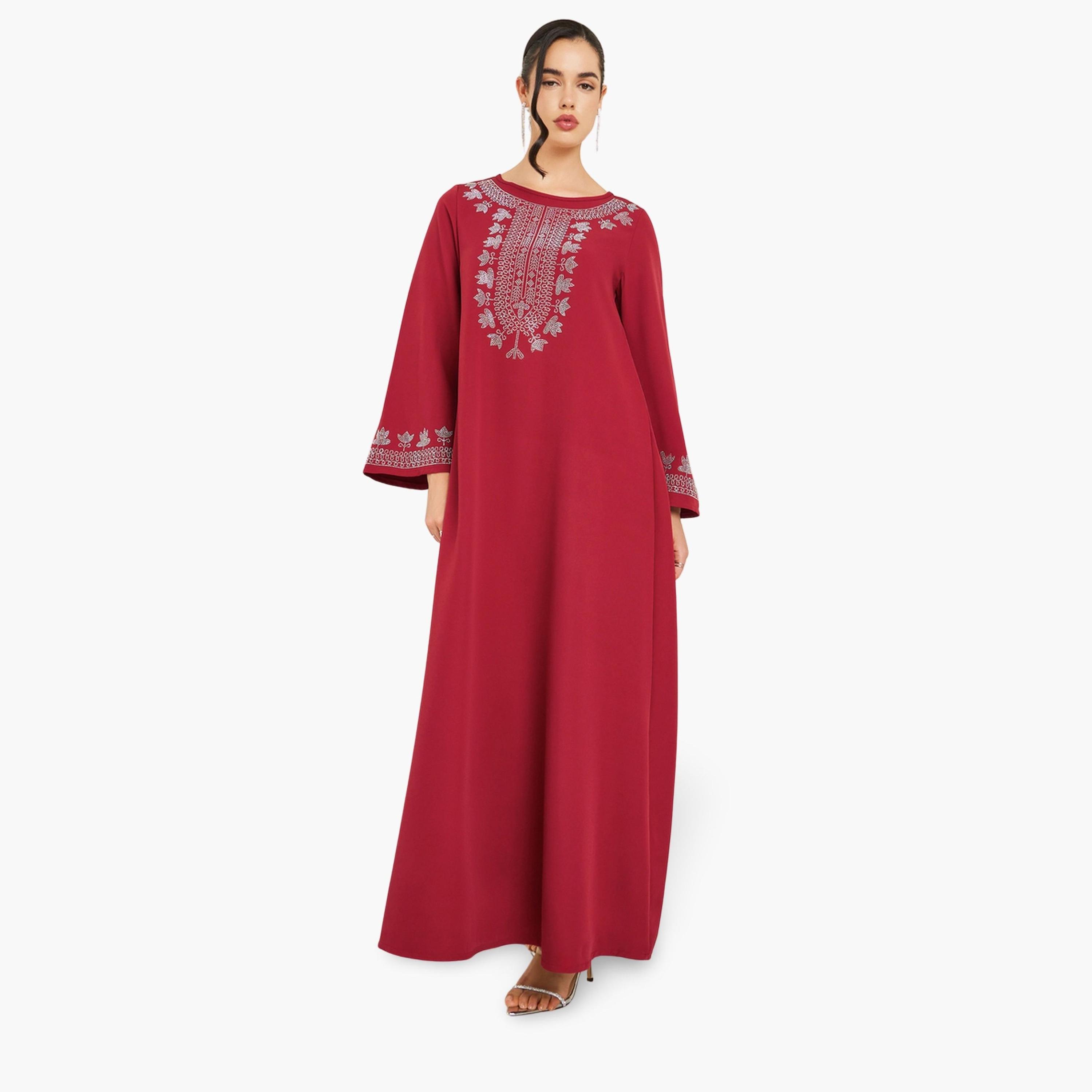Styli Women Burgundy Embellished Jalabiya-women-arabicclothing-jalabiyas-image-1