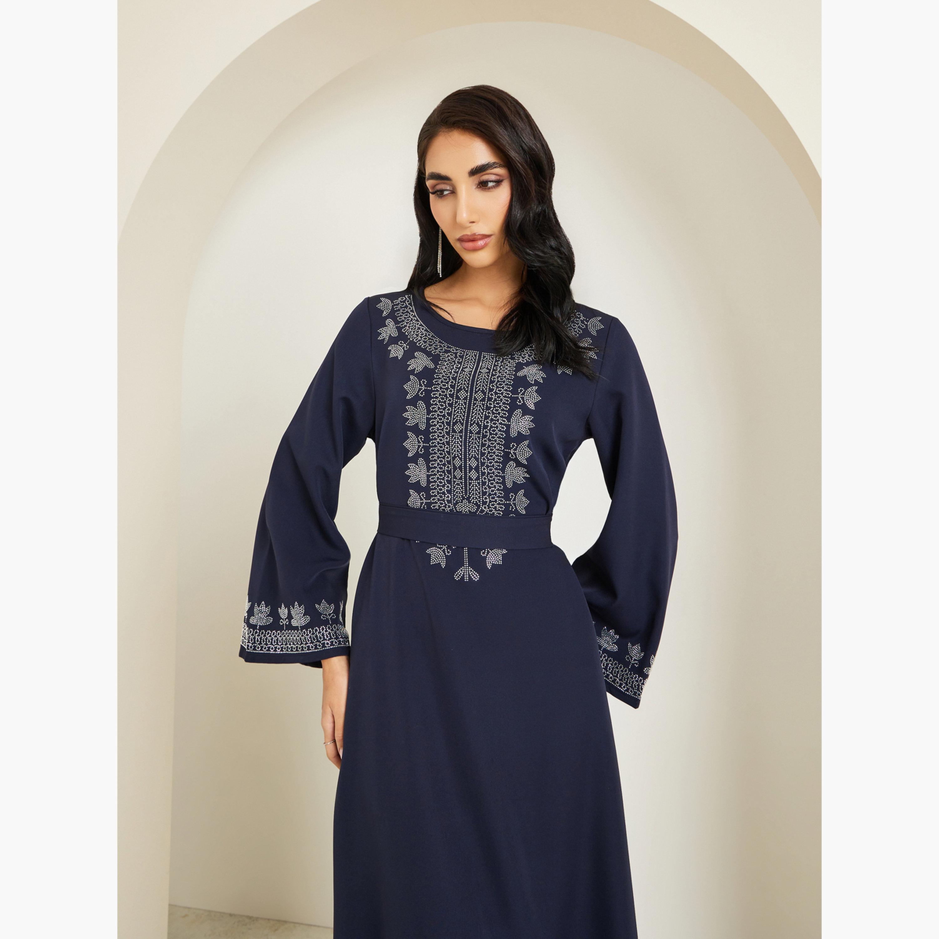 Amirah X Styli Women Embroidered Round Neck Jalabiya-women-arabicclothing-jalabiyas-image-2