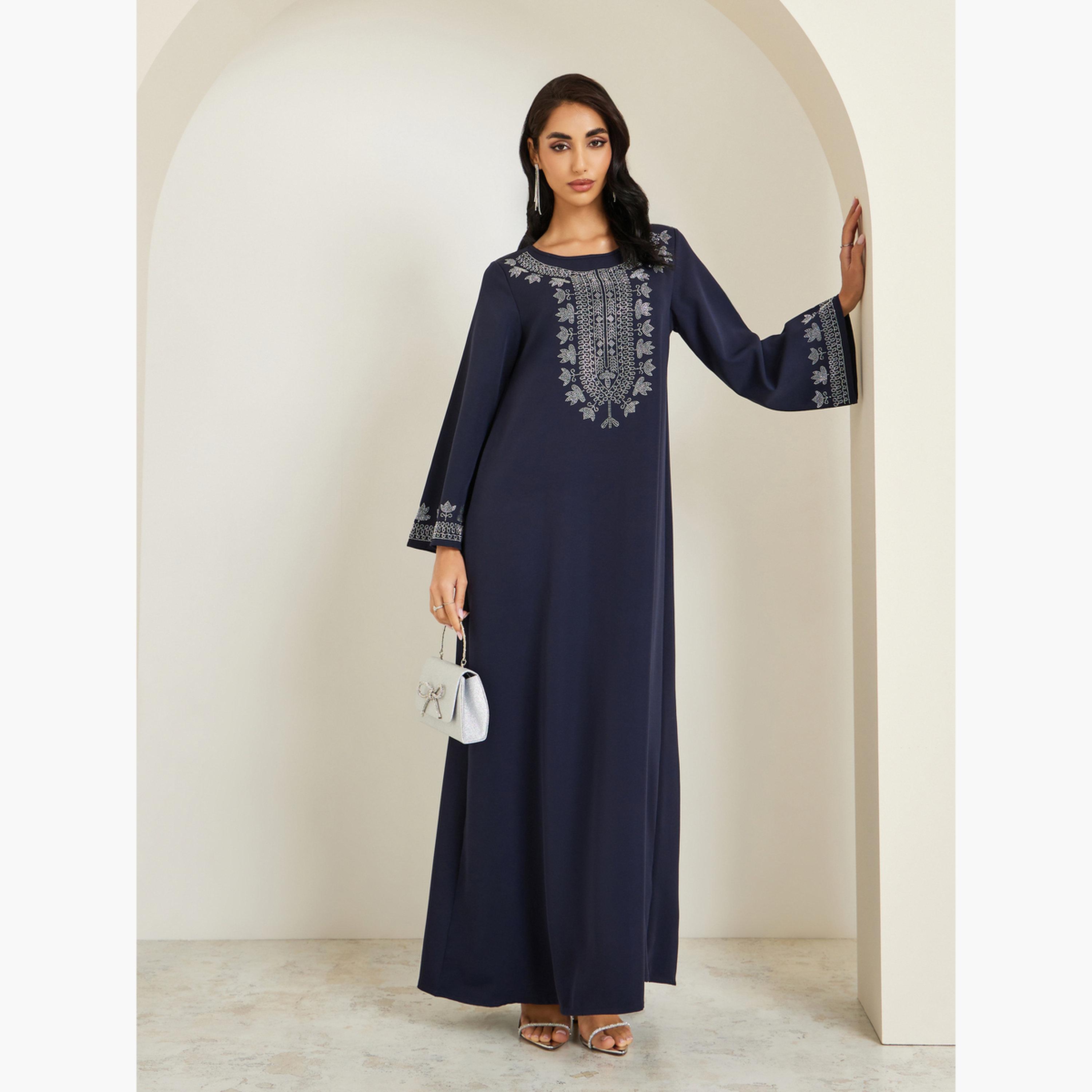 Amirah X Styli Women Embroidered Round Neck Jalabiya-women-arabicclothing-jalabiyas-image-4