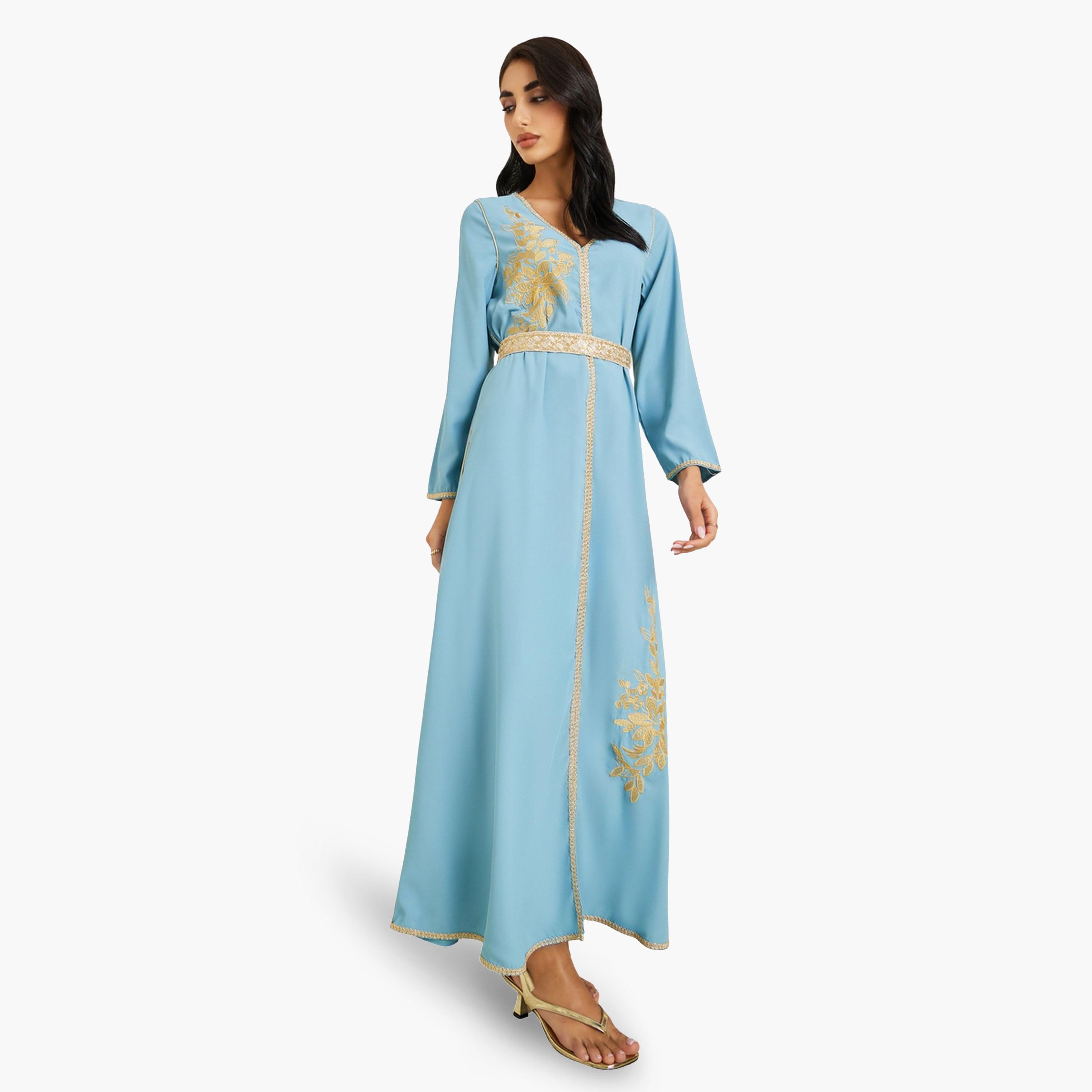 Styli Women Blue Golden Embroidered Kaftan-women-arabicclothing-kaftan-image-1