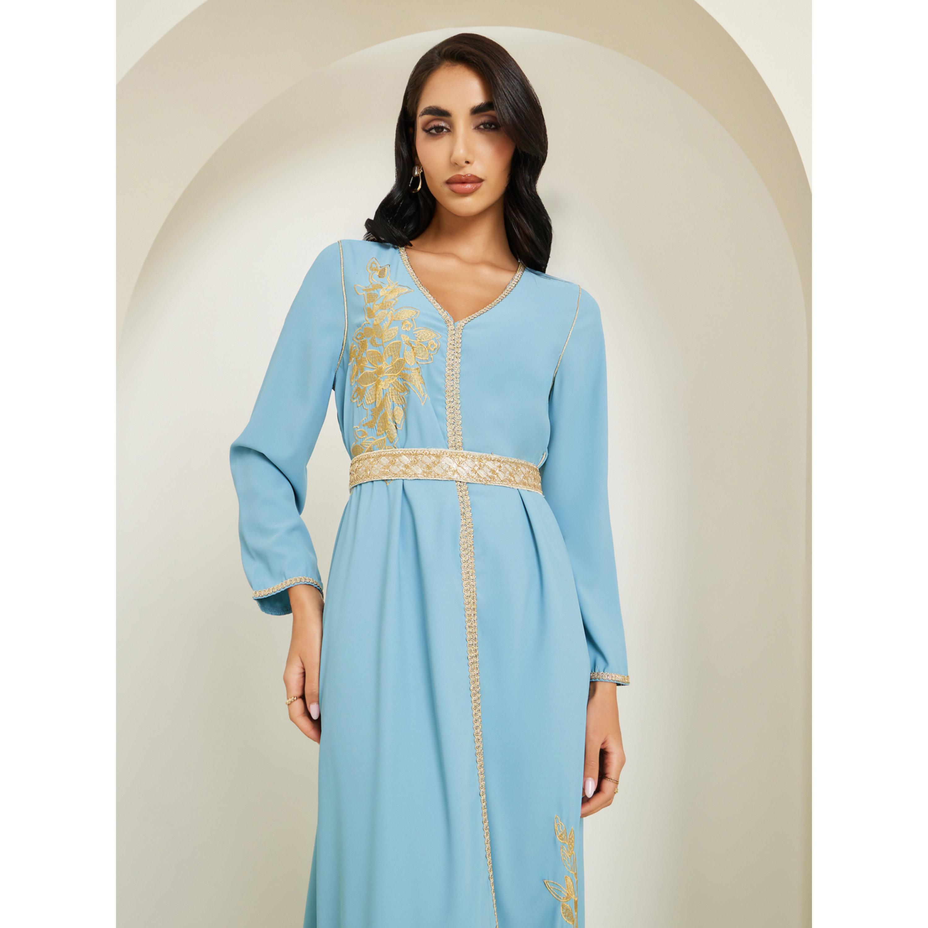 Styli Women Blue Golden Embroidered Kaftan-women-arabicclothing-kaftan-image-2