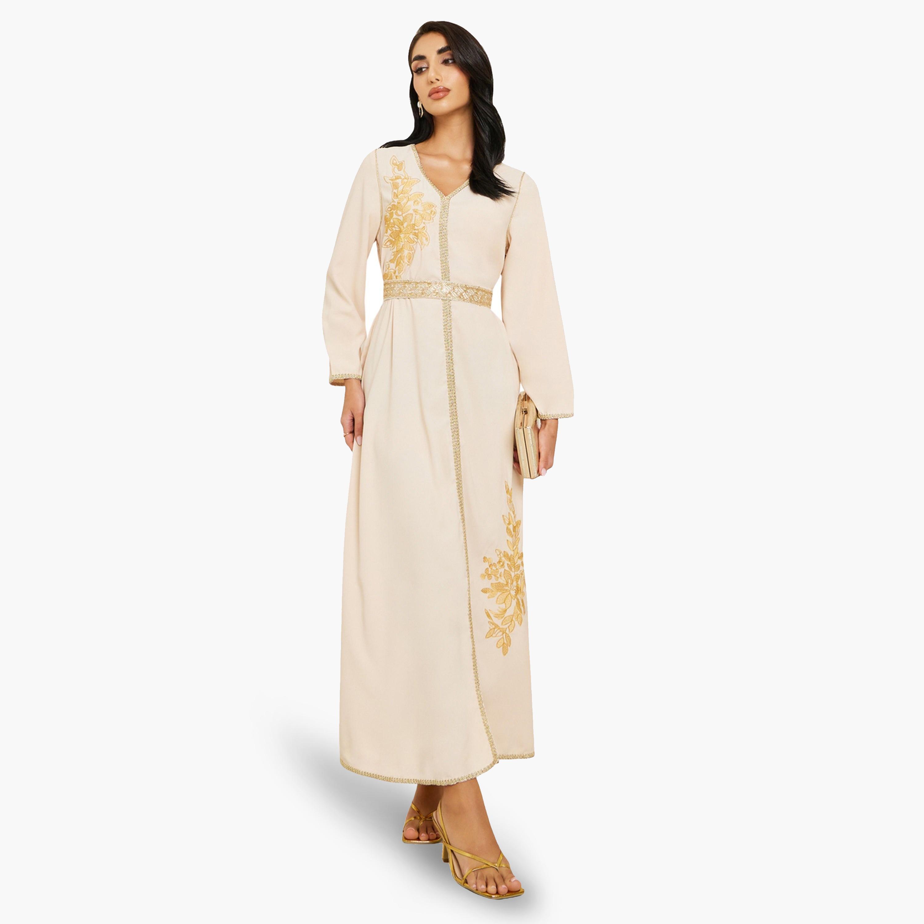 Styli Women Beige Golden Embroidered Kaftan-women-arabicclothing-kaftan-image-1