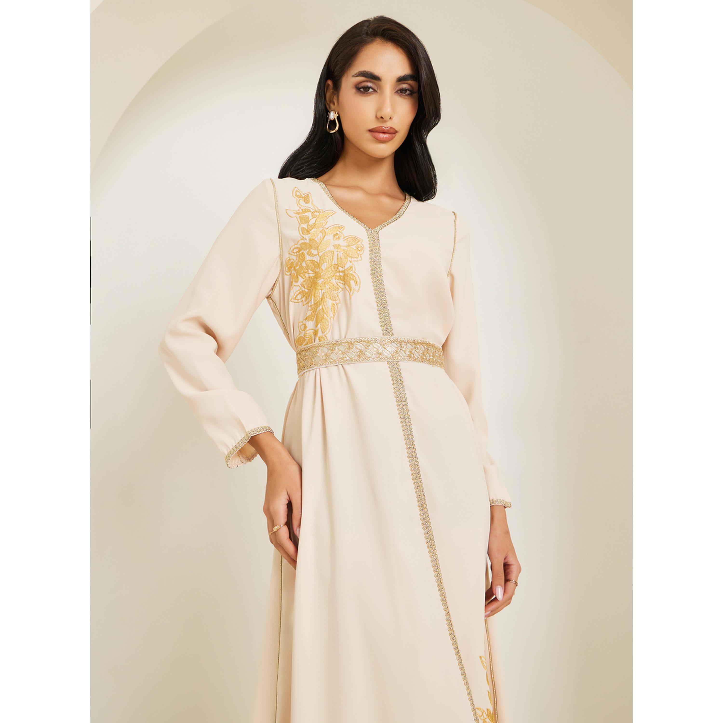 Styli Women Beige Golden Embroidered Kaftan-women-arabicclothing-kaftan-image-2