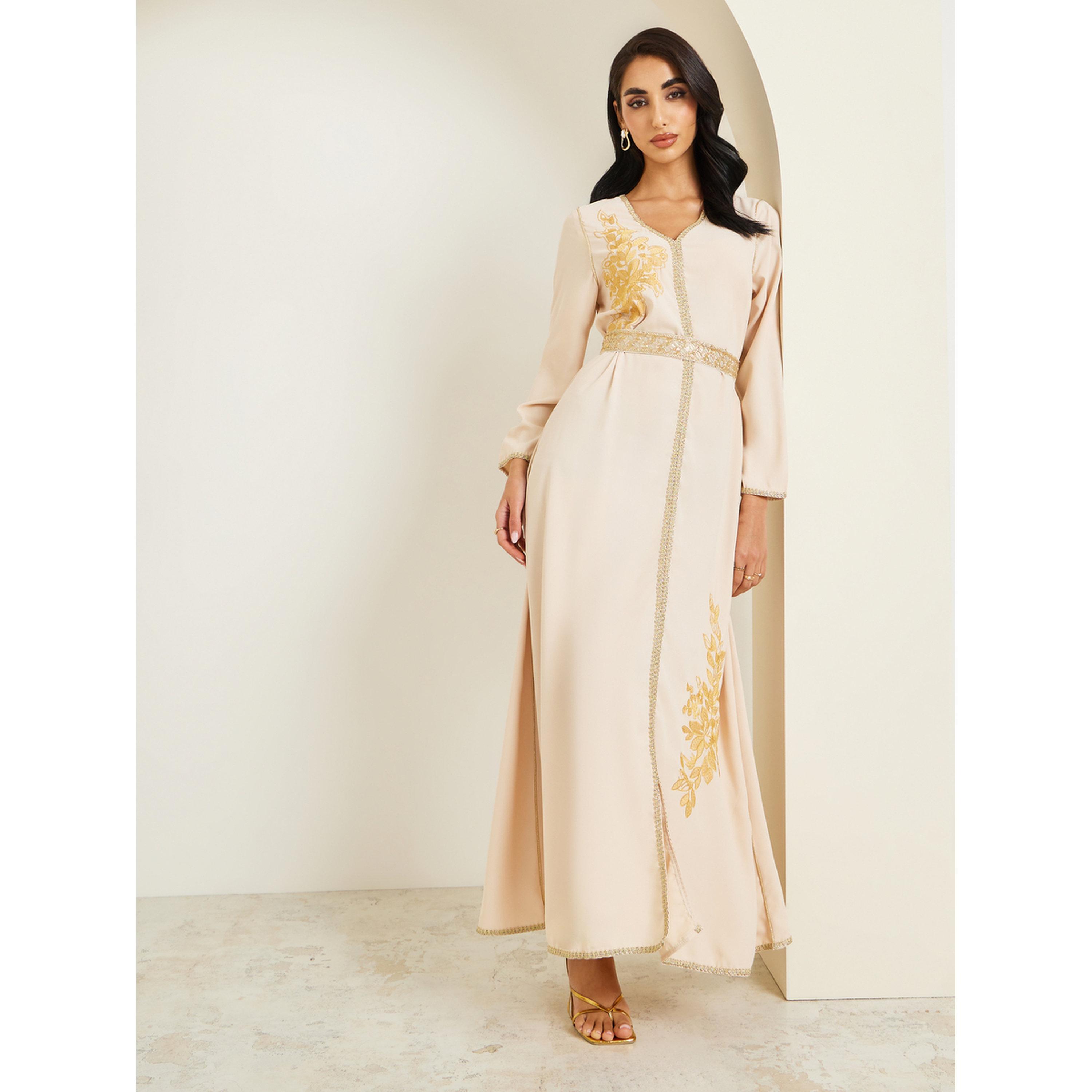 Styli Women Beige Golden Embroidered Kaftan-women-arabicclothing-kaftan-image-3